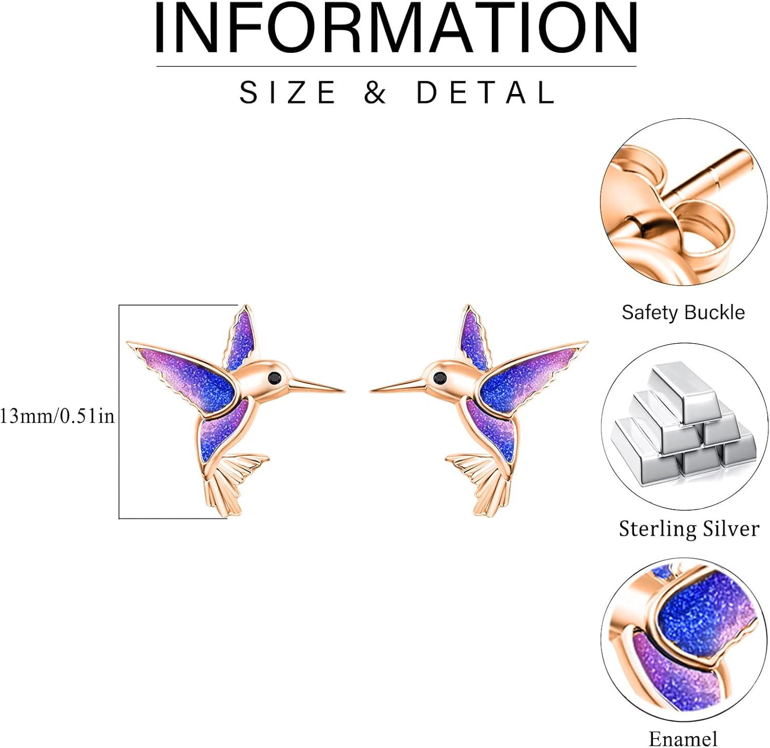 Dreamboat Hummingbird Bird Stud Earrings for Women 925 Sterling Silver Hypoallergenic Hummingbird Jewelry Gifts for Sensitive Ear