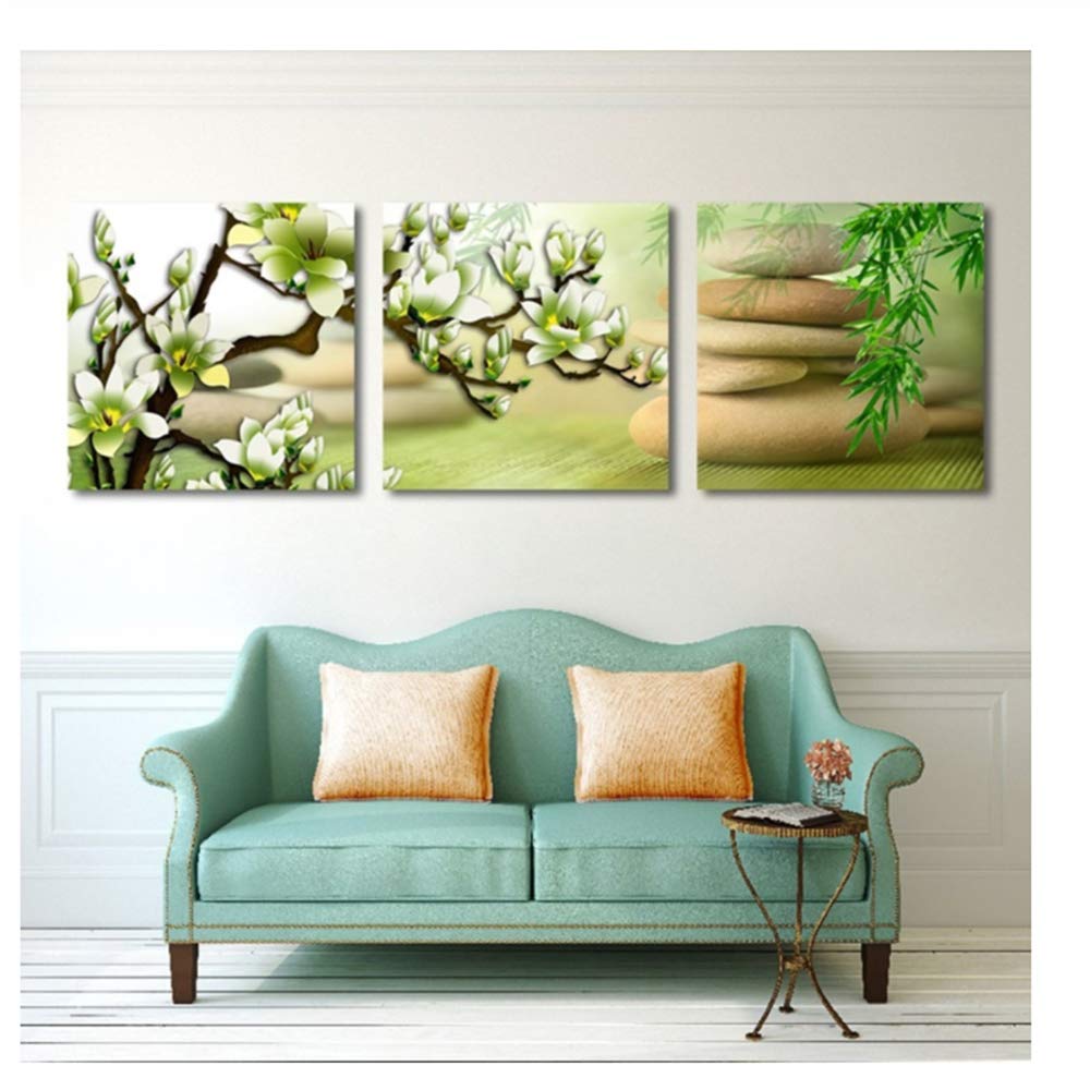 Imprimir Lienzo Pintura Verde Magnolia Flor Arte Carteles y Plantas de bambú Zen Cuadros de Pared para decoración de Marco de Sala de Estar 30x30cm (11.8 "x11.8) x3 con Marco