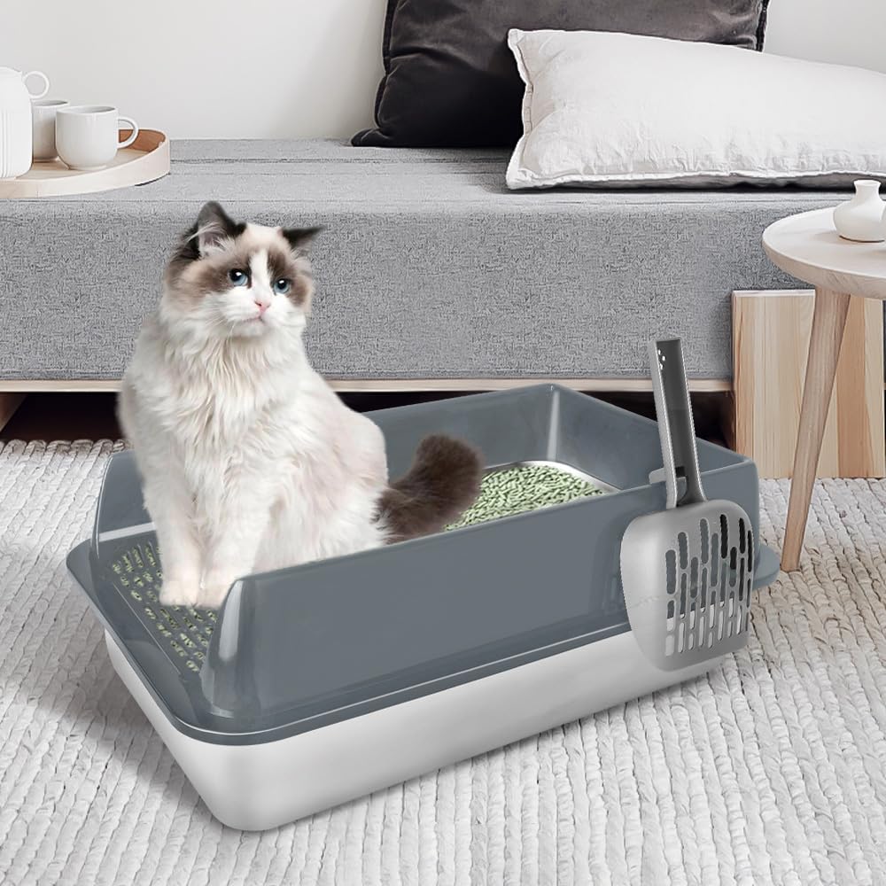 Bac Litiere pour Chat,Grande Litière en Acier Inoxydable pour Chat XXL et Lapins, n'absorbe Pas Les odeurs,Anti-Taches, antirouille, Surface Lisse antiadhésive,avec Pelle (Gris-50 * 35 * 24cm)