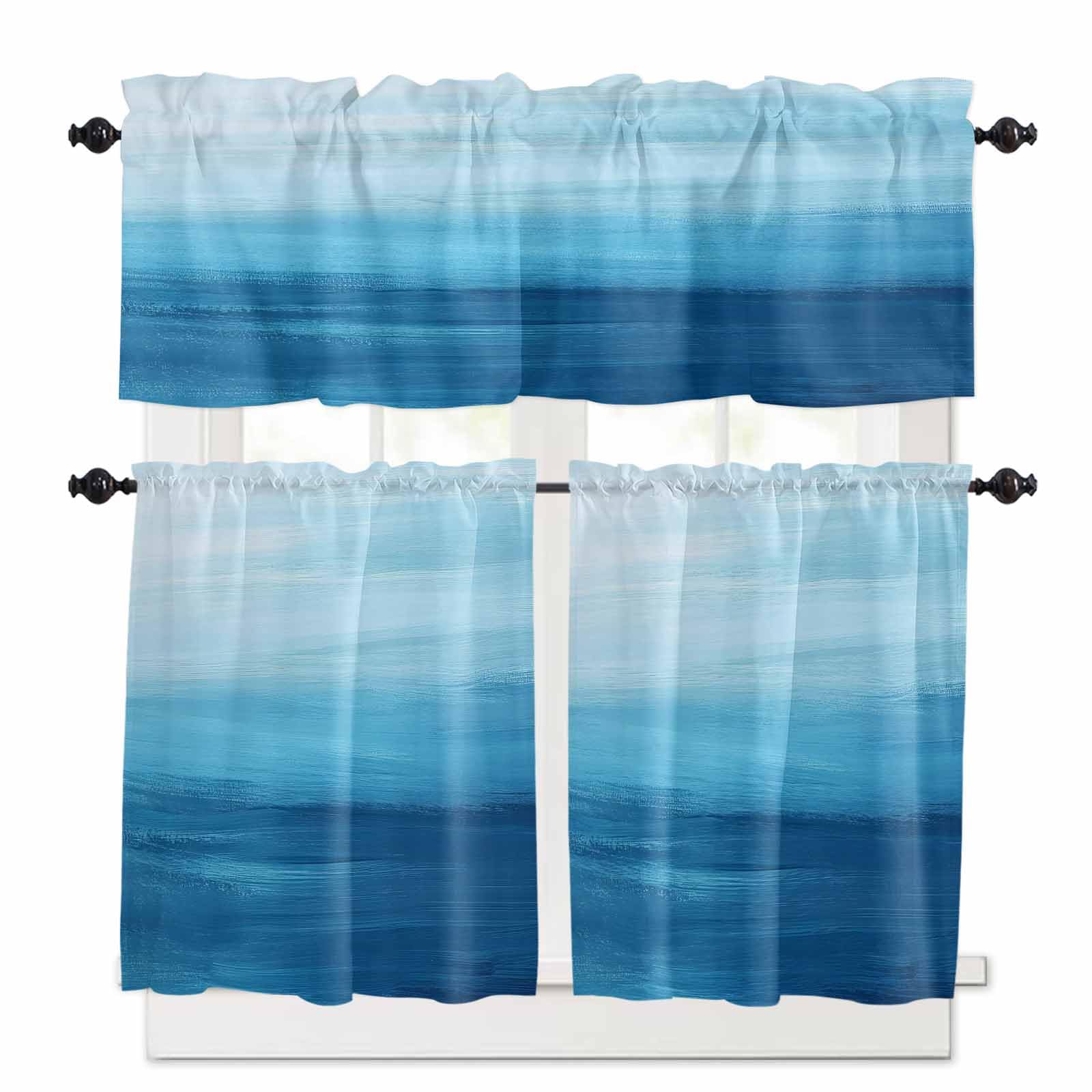 Blue Ocean Waves Kitchen Curtains 36 Inch Length, 3 Piece Rod Pocket Small Half Tiers and Valance Set, Stripe Ombre Coastal Small Large Window Treatment Decor for Bedroom/Bathroom Sink
