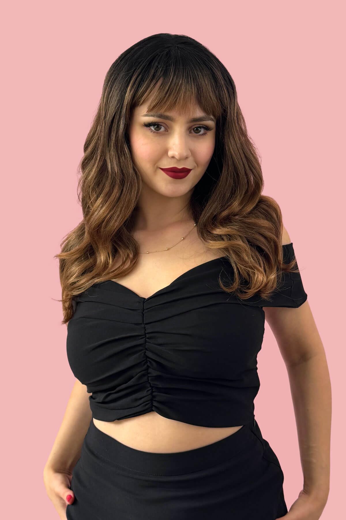 Ombre brown wig with reddish brown highlights & waves: Serenity