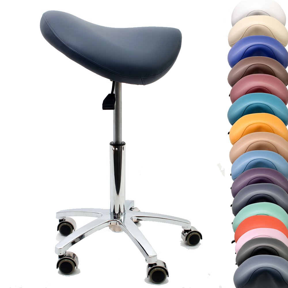 Sattelstuhl - Sattelhocker - Rollhocker - Arbeitshocker - für Praxis, Büro und Home-Office - höhenverstellbar und drehbar (Taubenblau)
