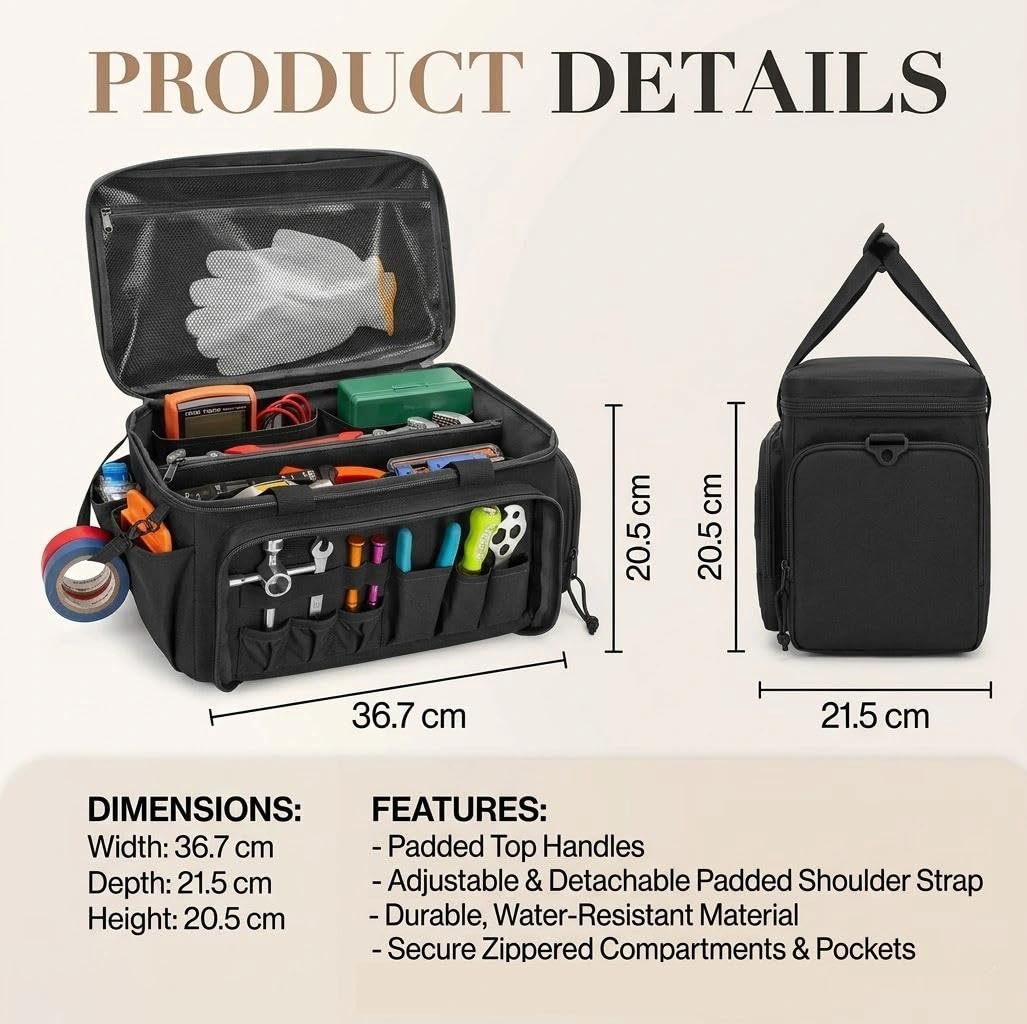 Borsa per attrezzi, multifunzionale, 36,7 x 21,5 x 20,5 cm, borsa da lavoro multifunzione, per costruzione, carpenteria e fai da te (nero)