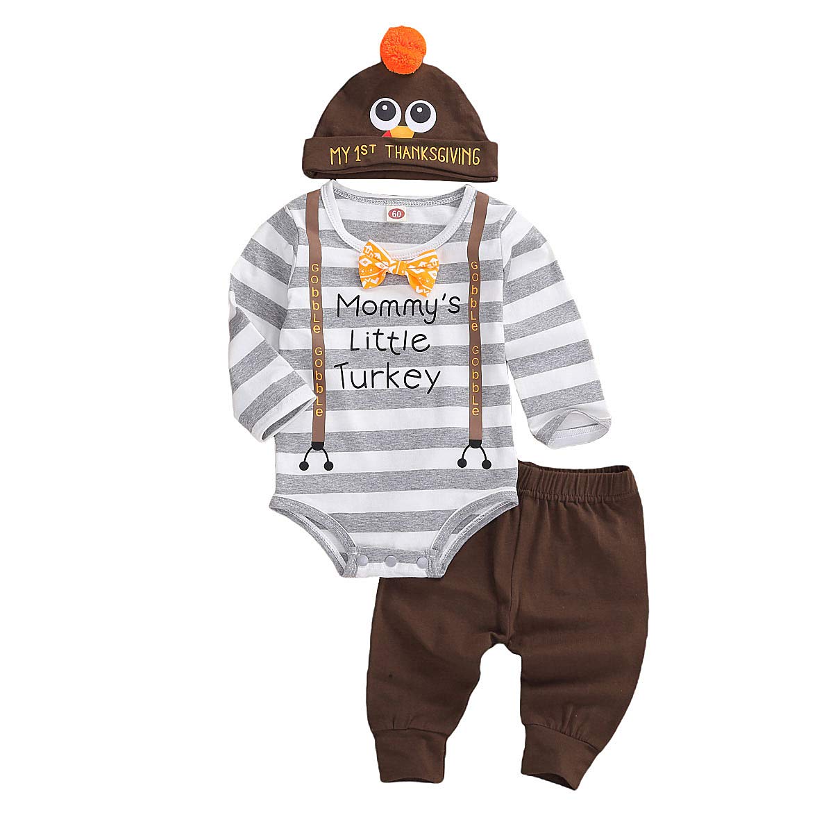 ZAXARRA Baby Boy Girl Thanksgiving Outfit Long Sleeve Letter Romper + Hat + Turkey Crib Shoes 3pcs Clothes Set (9-12 Months, Pants Set)