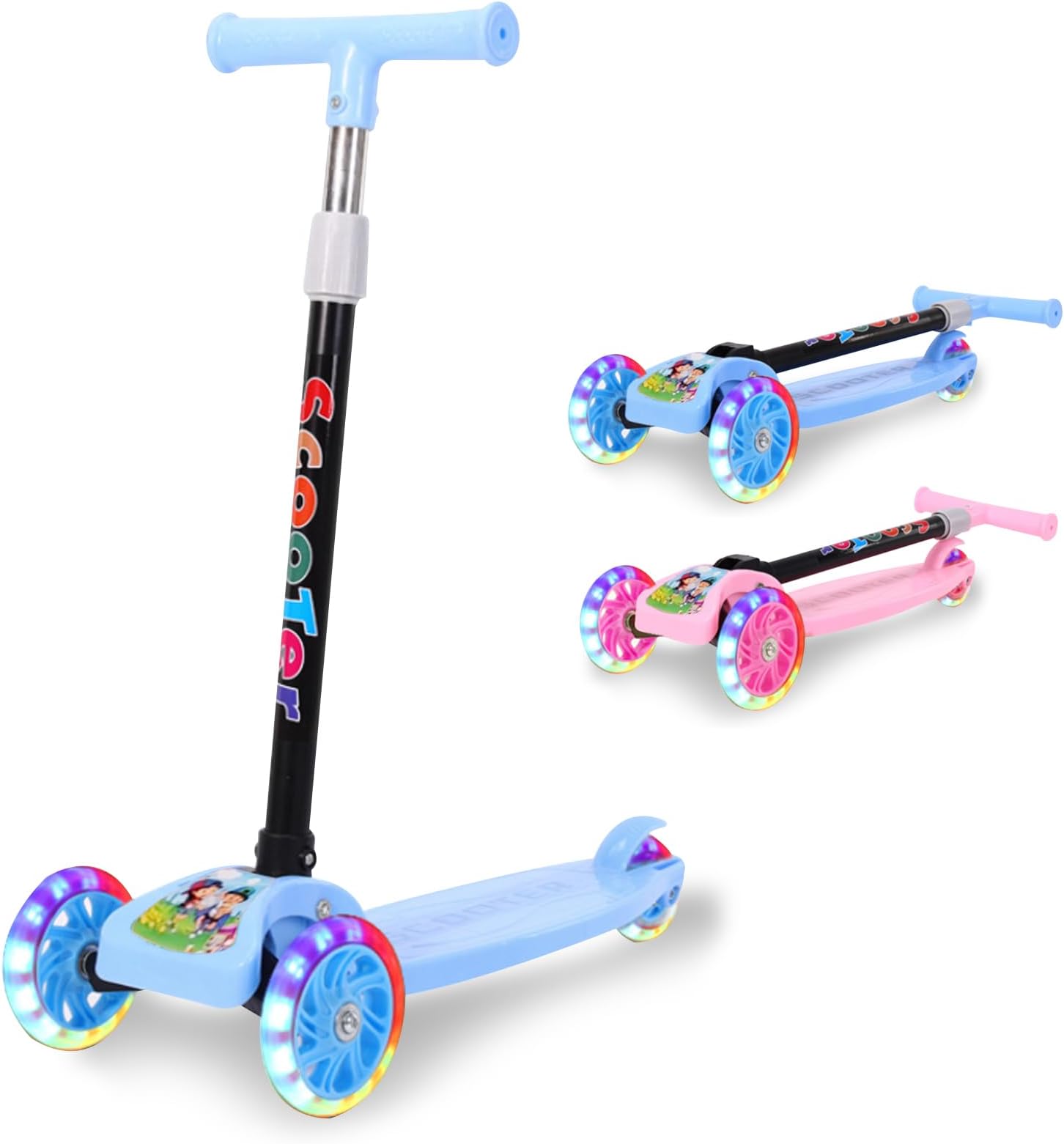 Beauenty Kids 3-Wheeled Scooter, Toddler Scooter Pedal for Girls and Boys, Adjustable Height Folding Kids Scooter with Flashing Wheels for Ages 2-8 (Blue)