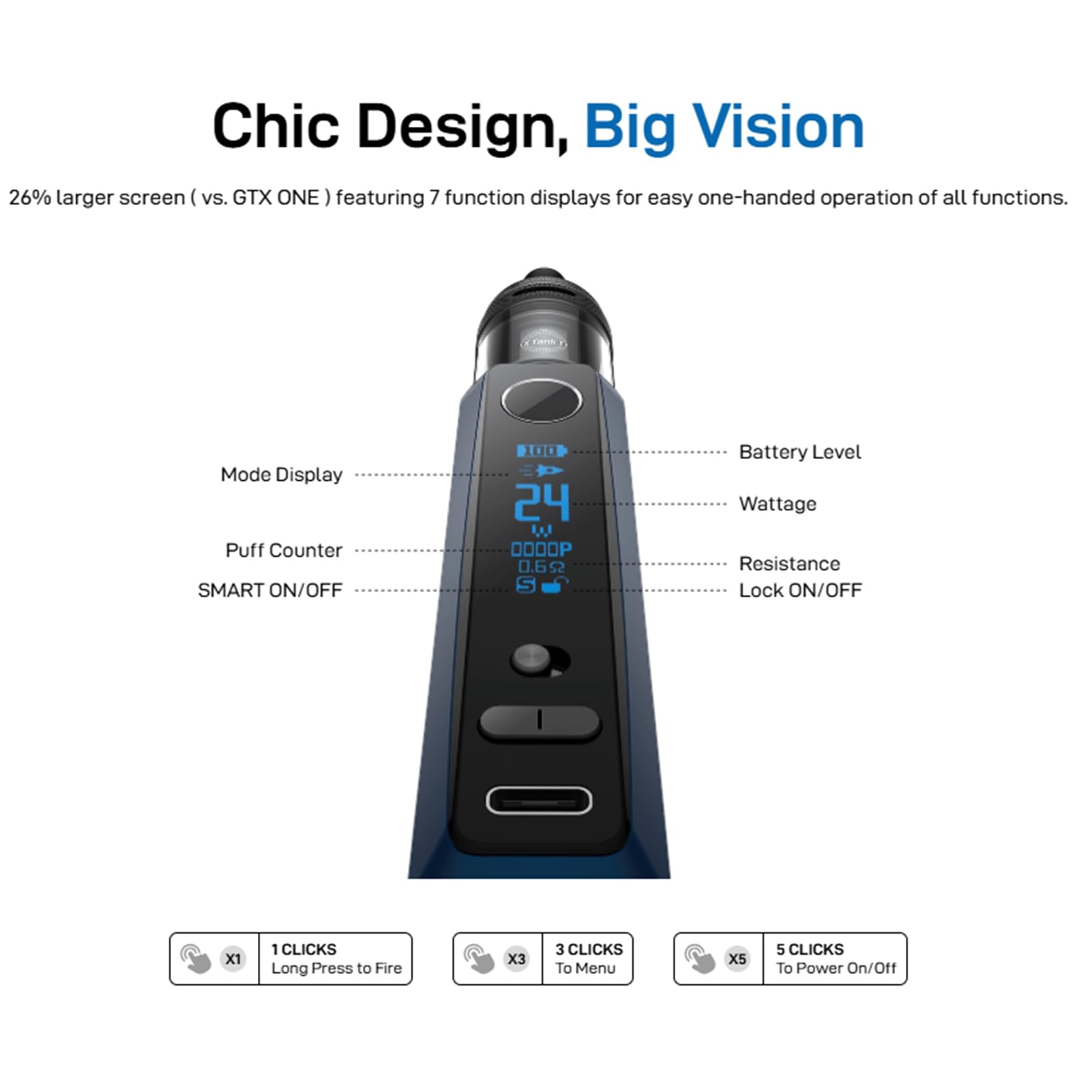 Vaporesso GTX One Pro Mod Kit con batteria integrata 3000mAh, atomizzatore XTank T da 3ml (ricarica dall'alto) compatibile con resistenze GTX (0.6Ω/1.2Ω) - Senza nicotina (Nero)