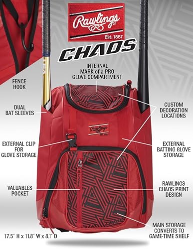 Miniatura 6 de Rawlings  Serie de bolsas de mochila CHAOS  T-Ball y juventud  Béisbol y Softbol de lanzamiento rápido  Varios colores