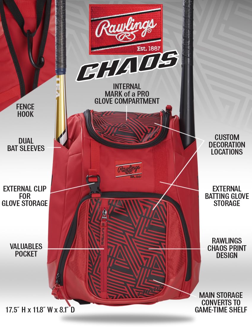 Rawlings Chaos Backpack Bag Series, Juvenil, béisbol y softbol de Lanzamiento rápido, Escarlata/Negro, L, Caos