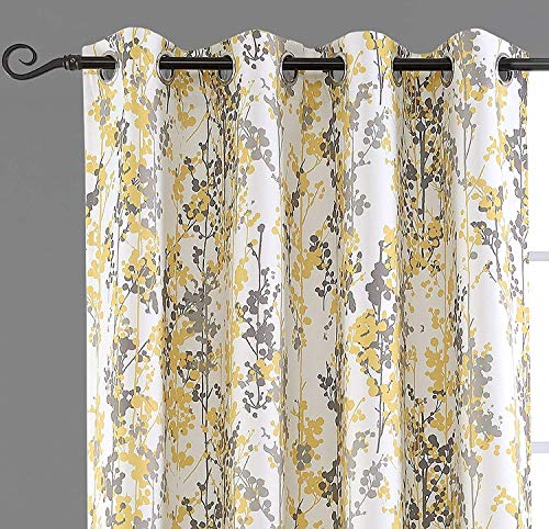 Driftaway Leah Abstract Floral Blossom Ink Painting Room Darkening Thermal Insulated Grommet Unlined Window Curtains 2 Panels Each Size 52 Inch By 84 Inch Golden Yellow Silver Gray #TOP1