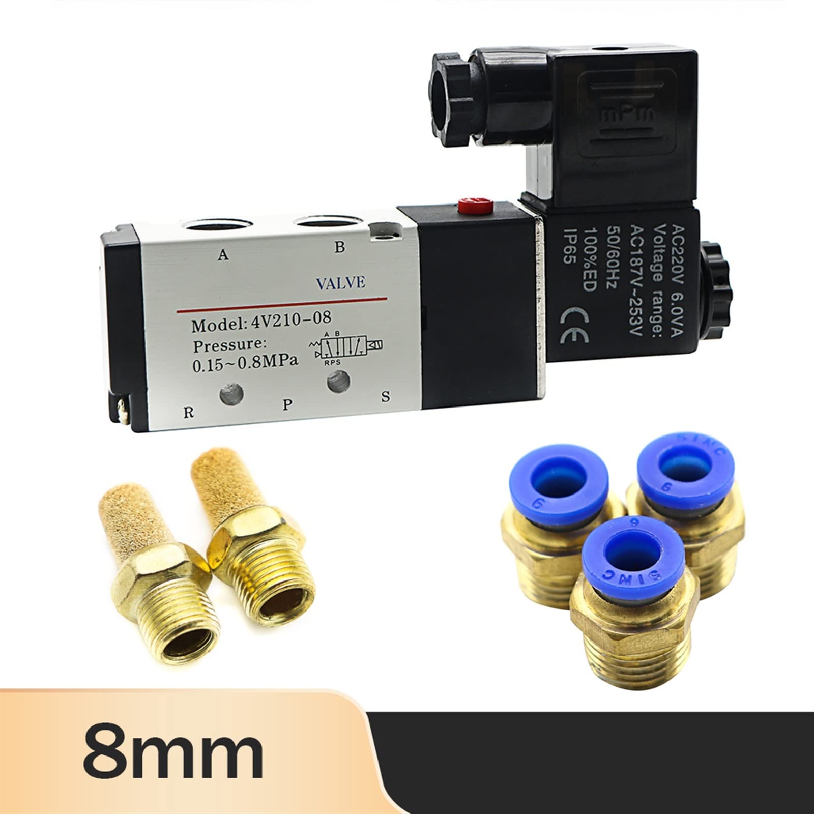 Electroválvula neumática eléctrica 4V210-08 Válvula magnética aire gas de 5 vías y 2 posiciones 12 V 24 V 220 V accesorios para mangueras de 4 mm a 12 mm 1 unidad (Pc 8 mm Fittings,AC110)