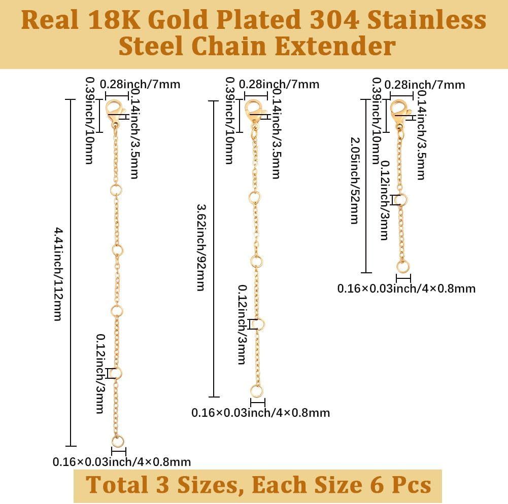 Beebeecraft 1 Box 18Pcs Golden Chain Extender 18K Gold Plated Stainless Steel End Extension Chains with Lobster Claw Clasp for Necklace Bracelet Anklet Jewelry Making DIY Crafts 2/3.6/4.4 Inch