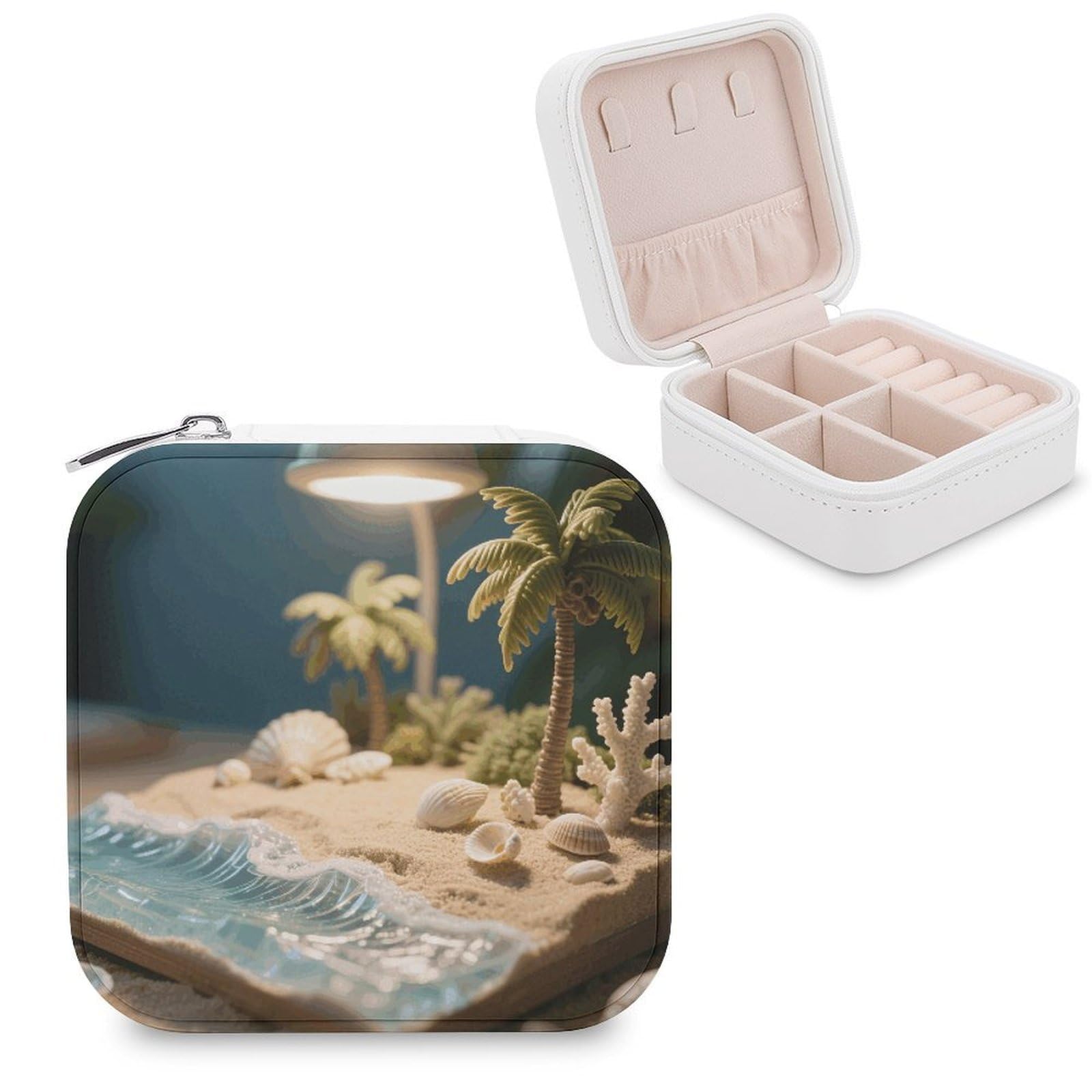 VstaDank Hawaii Beach Jewelry Box for Women Jewelry Organizer Storage Case with Zipper Mini Travel Jewelry Case Cute Trinket Organizer Leather Portable Jewelry Storage Box