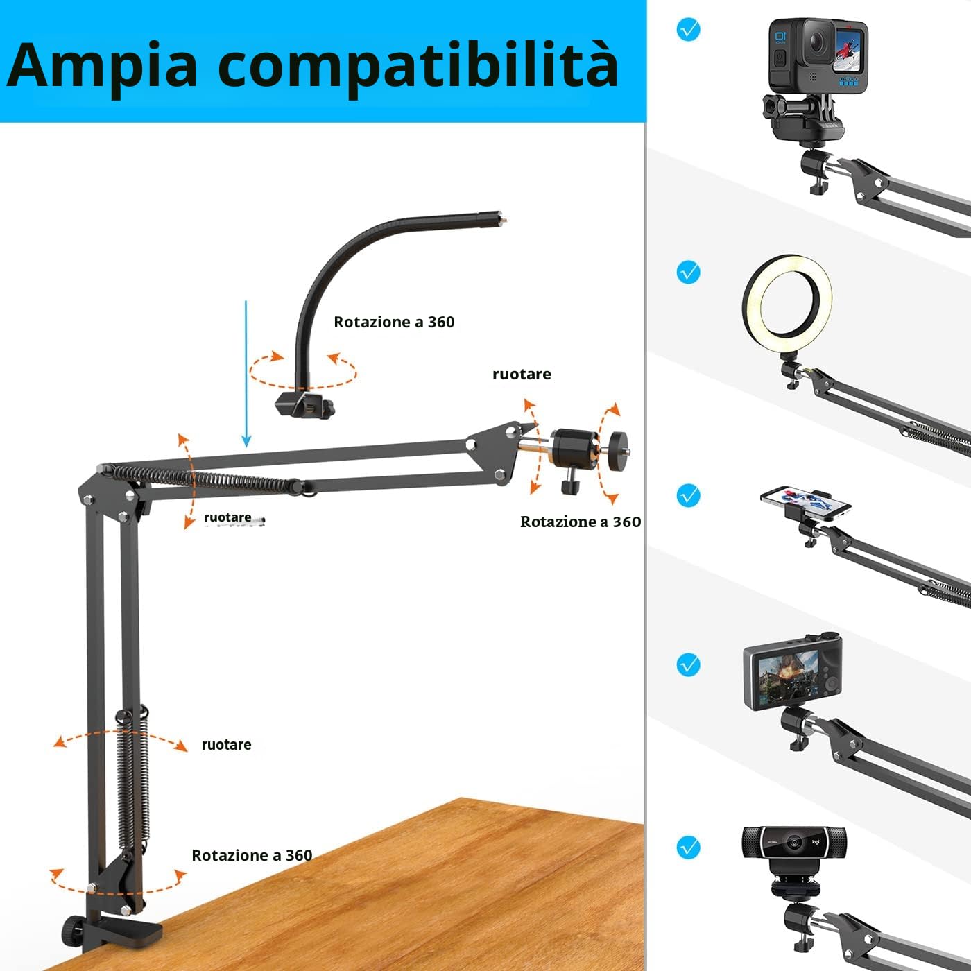 Overhead Treppiede cellulare con luce, braccio flessibile da tavolo con luce, supporto flessibile per fotocamera da tavolo per registrazione video YouTube Live Stream
