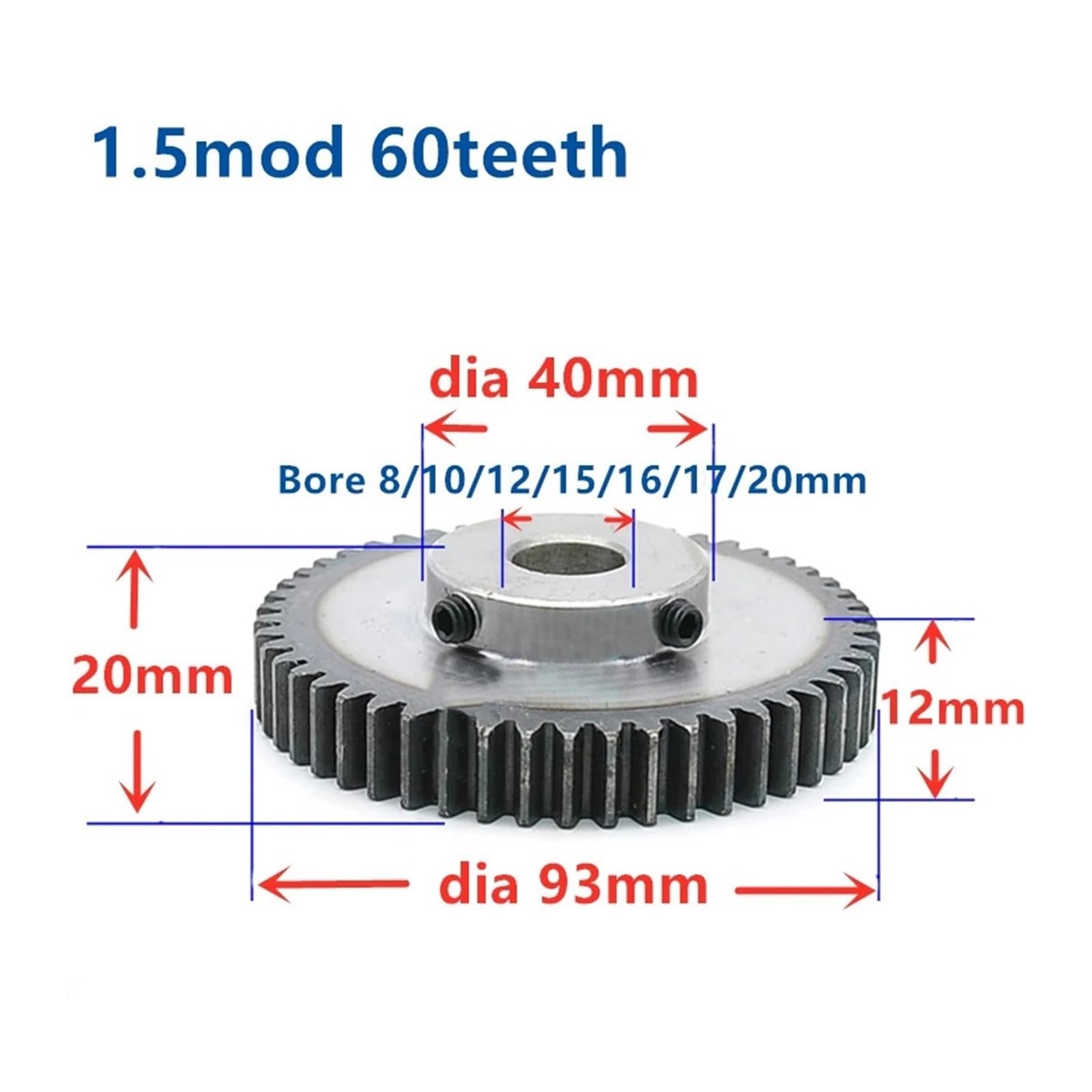 Bevel Gear Pinion Hardware Mechanical 1.5M 60T 60Teeth Mod 1.5 Width 12mm Bore 12mm-20mm Right Teeth 45 Steel CNC Gear Rack Transmission Industry(16mm)