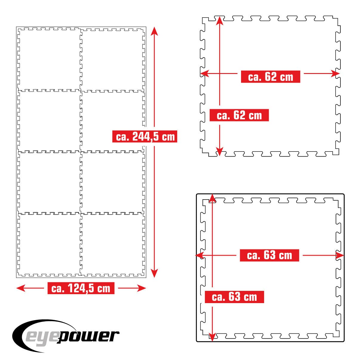 EYEPOWER Fitnessmatte 63x63x2 cm - EVA Bodenschutzmatte 2 cm dick - Puzzlematte für Homegym Fitnessraum - Trainingsmatte rutschfest für Geräte Gewichte Laufband Crosstrainer - Set 4,8 oder 12 Matten