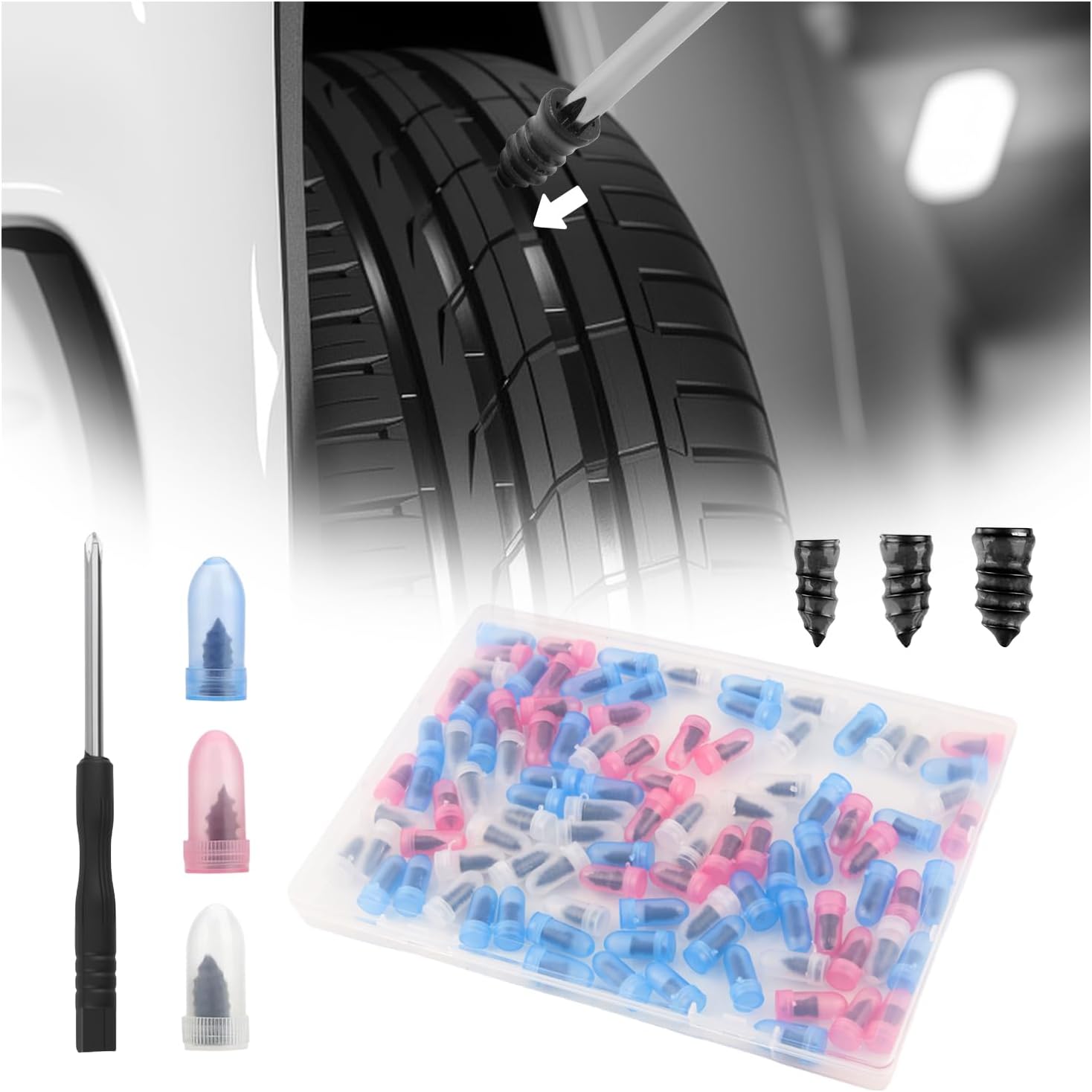KIFIDAN 100PCS Flat Tire Plug Kit,3-Size Tire Repair Kit Includes Large & Medium & Small Screw in Tires Plug/Screwdriver,Self-Service Tires Plugs Screw Type Kits for Quick Repair