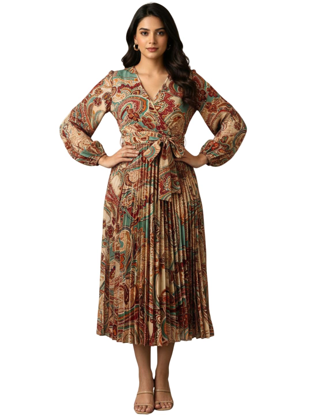 kzully | Dress for Women | Vintage Inspired Midi | Printed Pleat Detail | Elegant Sleeve Design-picture-25