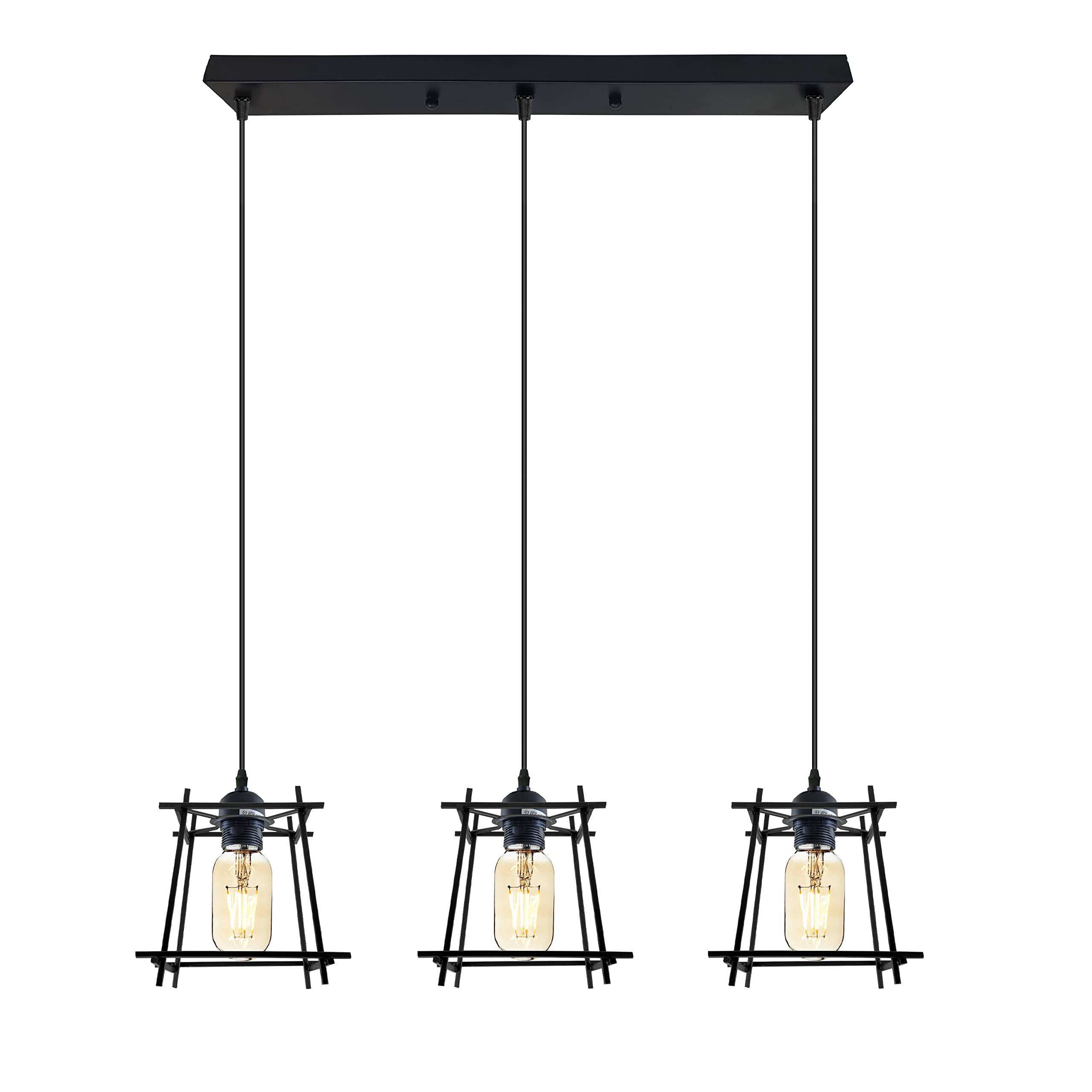 LEDSone Vintage Retro 3 Way Ceiling Pendant Light Cluster Light Fitting Black Diamond Shaped Wire Cage Lampshades, UK E27 Holder Lighting Kit (Black, Square)