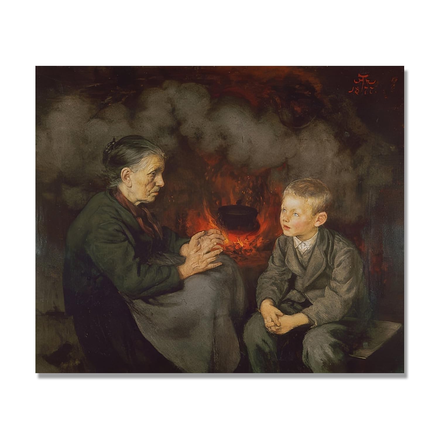 NHLDZYH Hans Thoma Style Canvas Wall Art - (Grandma Tells Fairy Tales), German Romantic Realism Painting with Symbolic Nature, Rustic Country Home Decor. 30x36cm-11.8x14.2in. Only Canvas