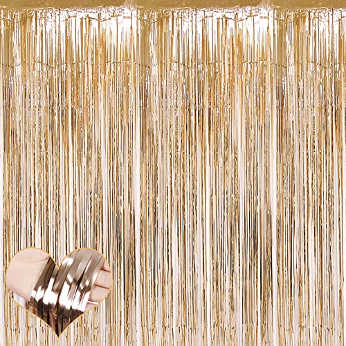Image of 4 Pack Champagne Gold Fringe Curtain Backdrop, 3.2Ft x 9.8Ft Metallic Tinsel Foil Fringe Streamers Curtains Background for Photo Booth Birthday Baby Shower Party Wedding Graduation Decorations