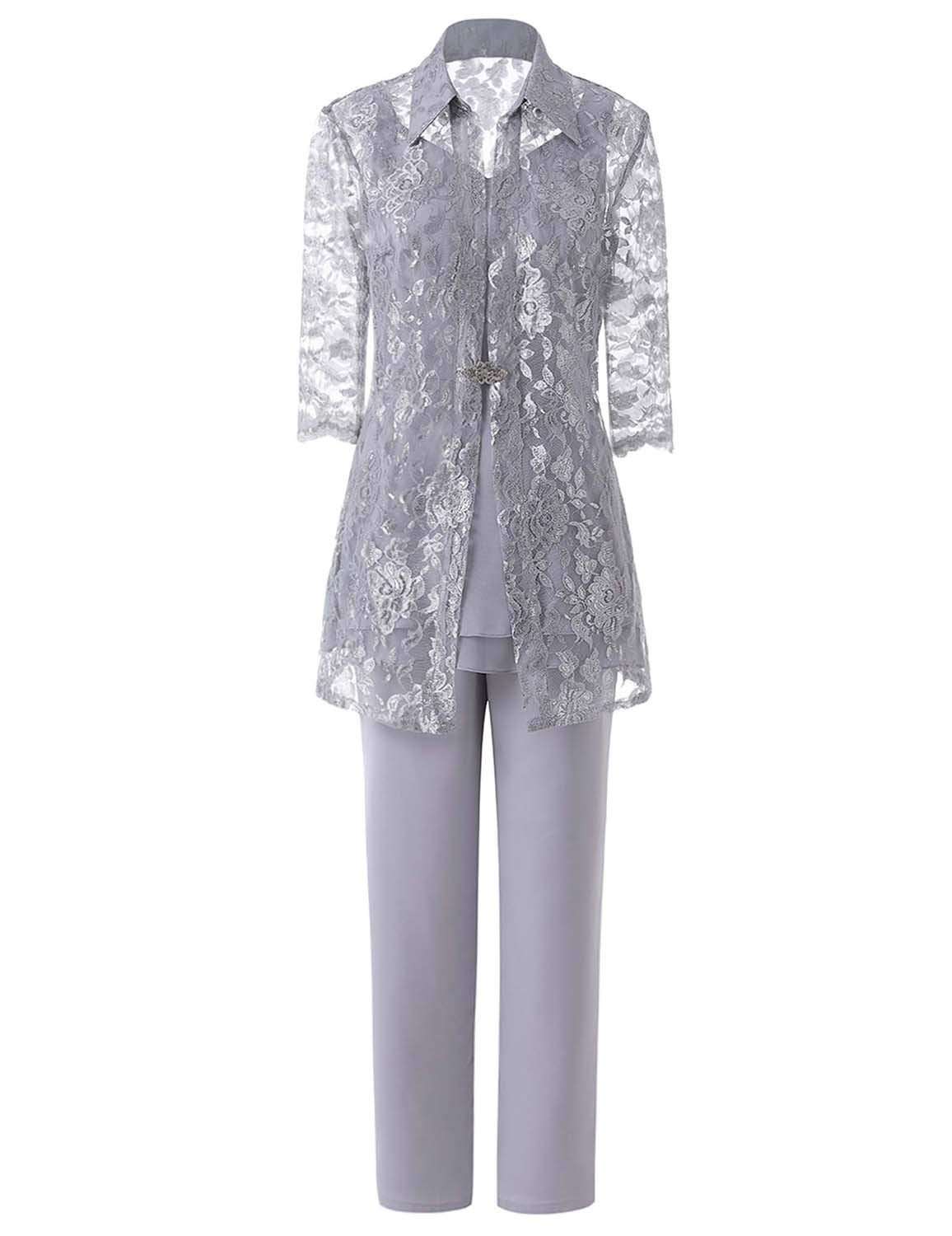 Leader of the Beauty 3 Pieces Chiffon Dress Suit Mother of Bride Pant Suits with Lace Jacket Women Formal Gowns 10 Grey