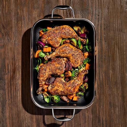 Image of HexClad Hybrid 13 x 9 Inch Rectangular Nonstick Roasting Pan with Rack, Dishwasher-Friendly, Oven-Safe Up to 900F, Compatible with All Cooktops