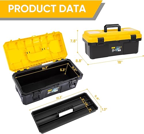 Miniatura 2 de DELI Caja de herramientas de 18 pulgadas con cerradura, organizador resistente de 2 capas con bandeja extraíble, tapa abatible para piezas pequeñas,