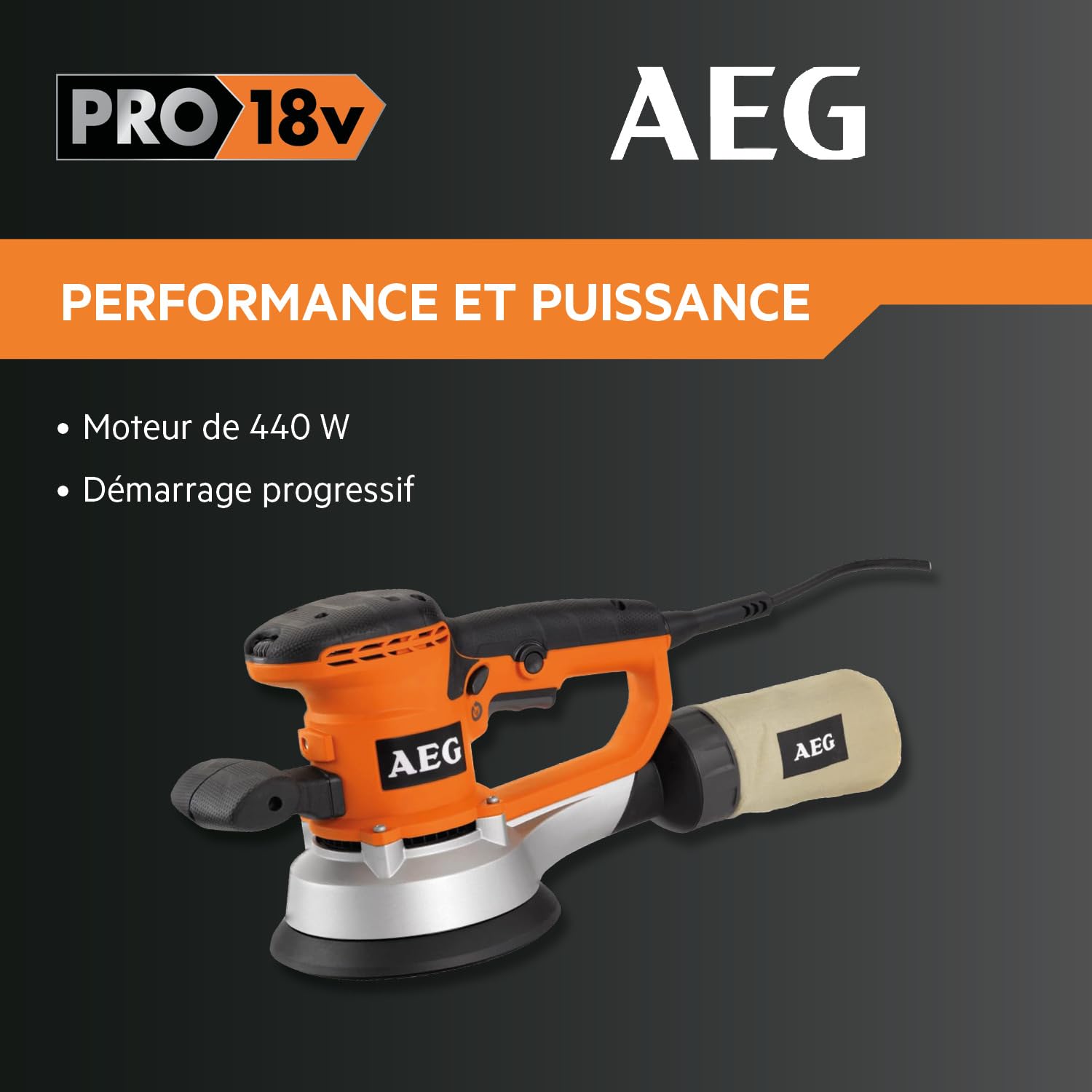 AEG - Ponceuse Excentrique 440 Watts 150 Mm - 0-4000/0-10000 Trs/min - Variateur De Vitesse - Couple Constant - 2 Amplitudes D'oscillation 3,2 à 6, 4mm - Démarrage Progressif - EX150ES