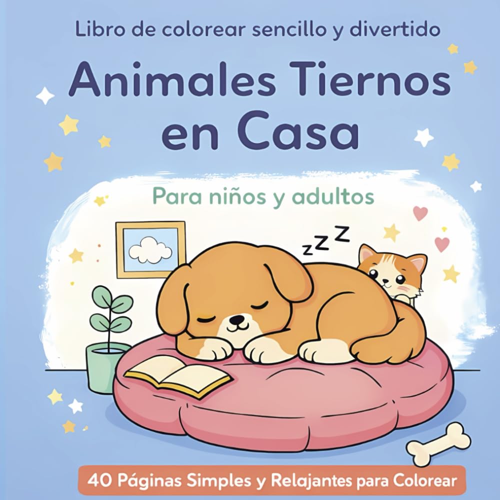 Animales Adorables en Casa: 40 Páginas simples y Relajantes para Colorear