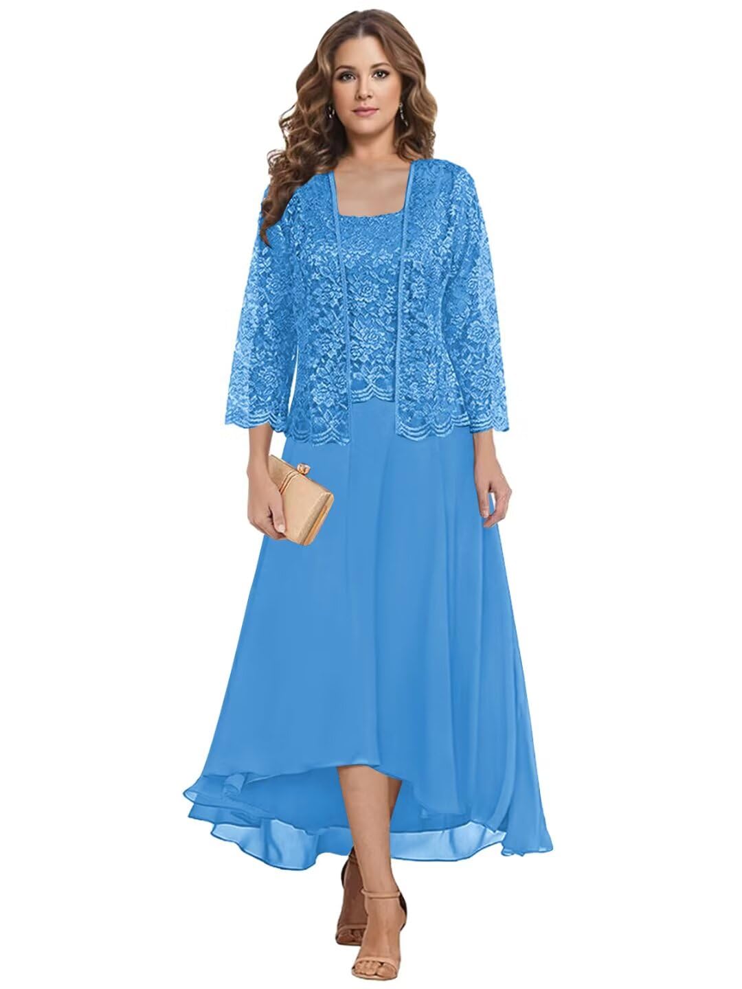 HANVAIOS 2 Piece Mother of The Bride Dresses for Wedding Tea Length Lace Chiffon Formal Evening Gown with Sleeves Jacket