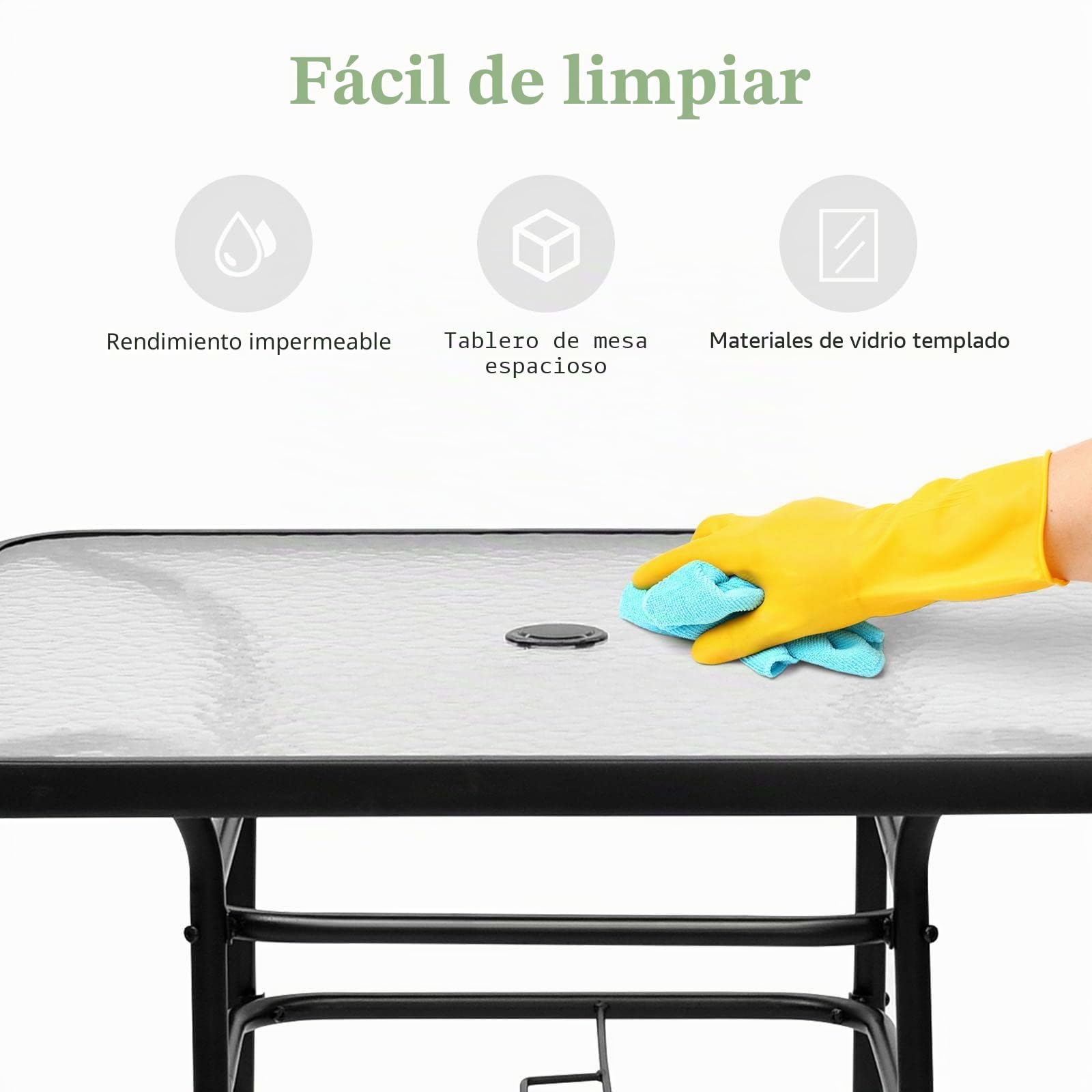 KOMFOTTEU Mesa de Jardín Cuadrada con Orificio φ40mm para Sombrilla | Mesa Auxiliar de Cristal con Marco de Metal, Mesa de Comedor con Carga 80 kg, para Balcón, Terraza, Patio, 80 x 80 x 71 cm