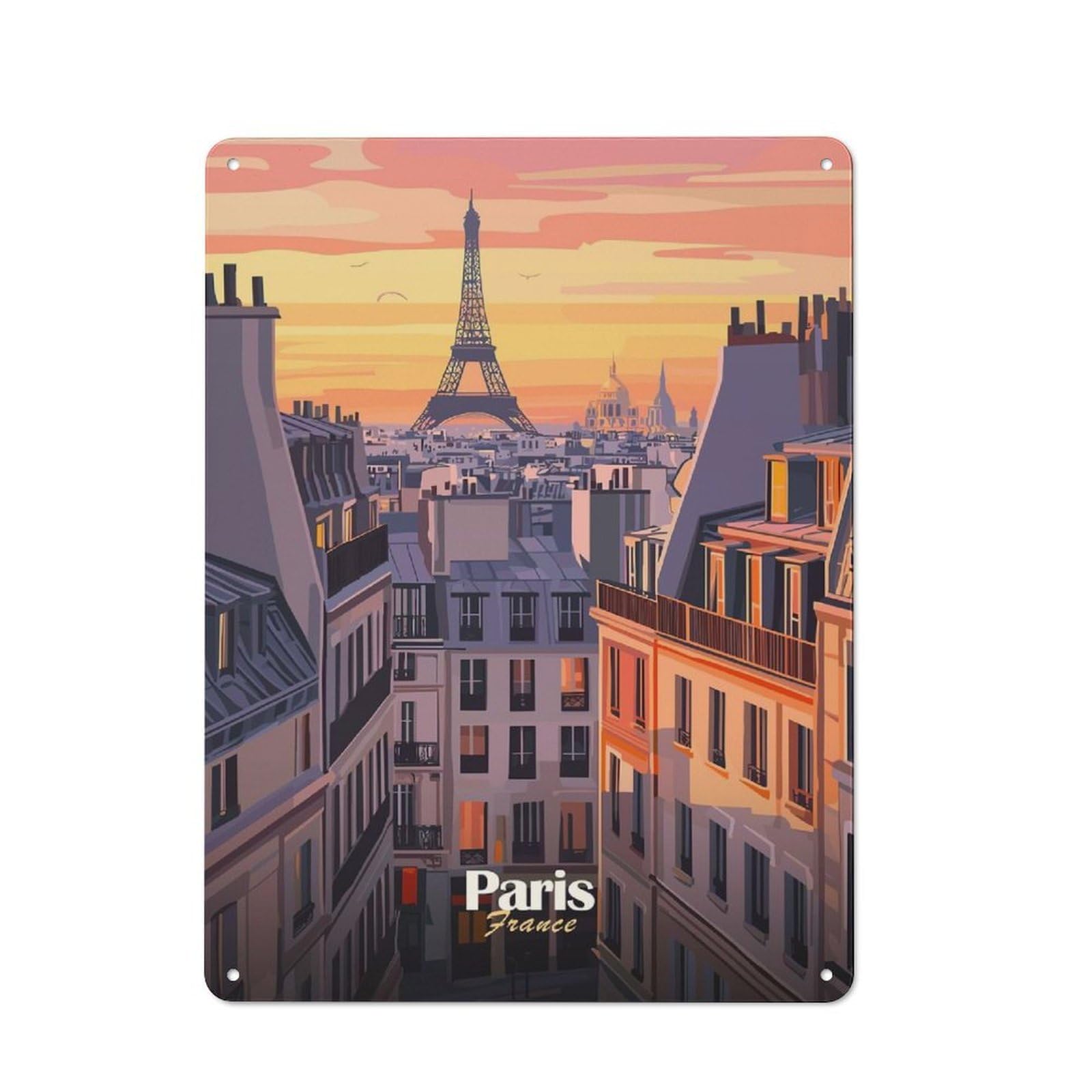 Junmoney Style-10 Paris Sunset Skyline(2) Shop Front Style Metal Wall Decor 40X30cm, Bistro Metal Sign For Takeaway, Bar, Kitchen Or Counter Area