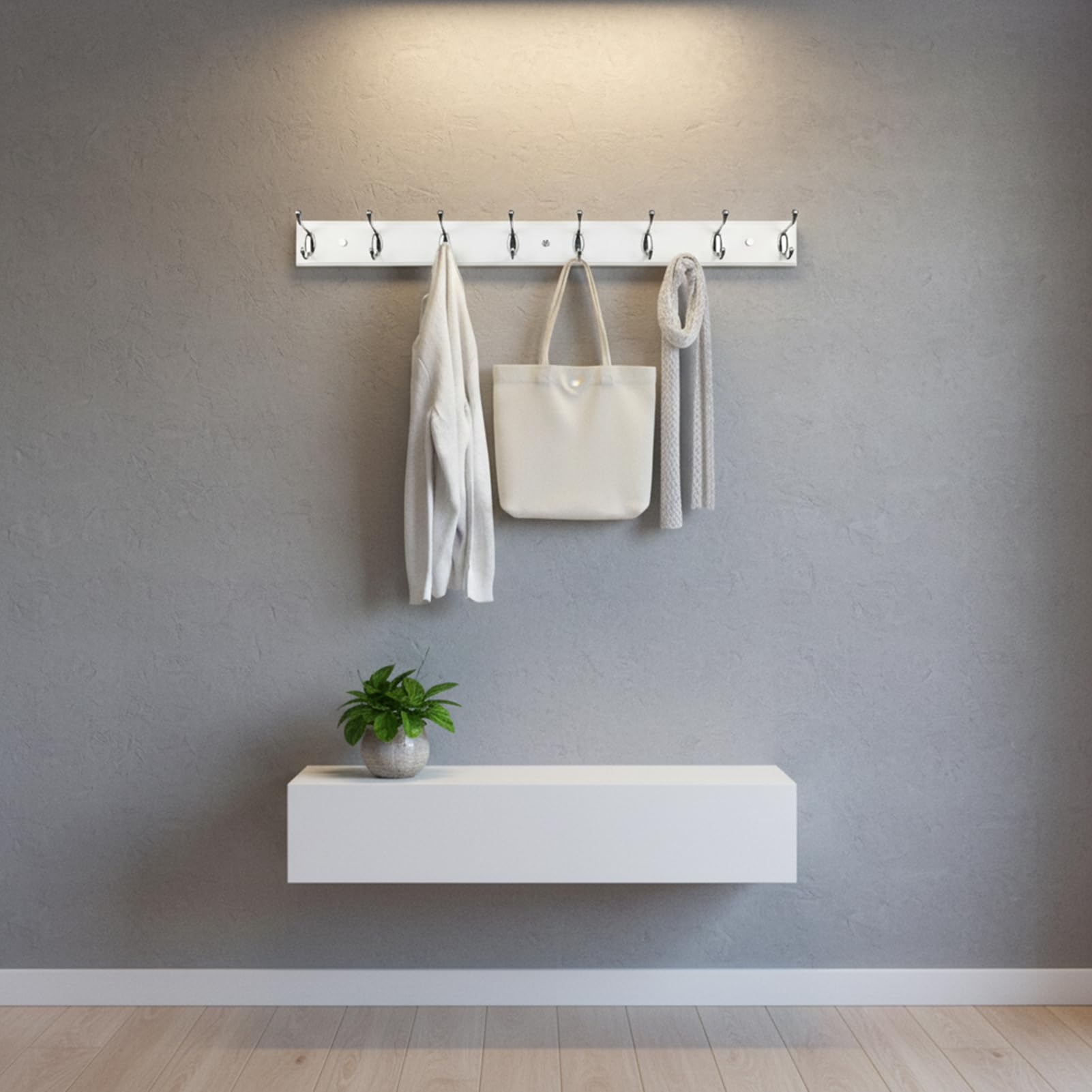 Perchero de pared de madera con 8 ganchos, 80cm, fuerte perchero para abrigo, sombrero, bolso, perchero grande y moderno para la entrada, pasillo, dormitorio, color blanco