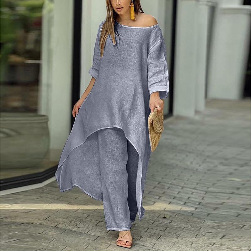 Women Linen Sets for Women Dressy Casual 2 Piece Pantsuits 2024 Crewneck Long Sleeve Wide Leg Pants Fashion Outfits 6