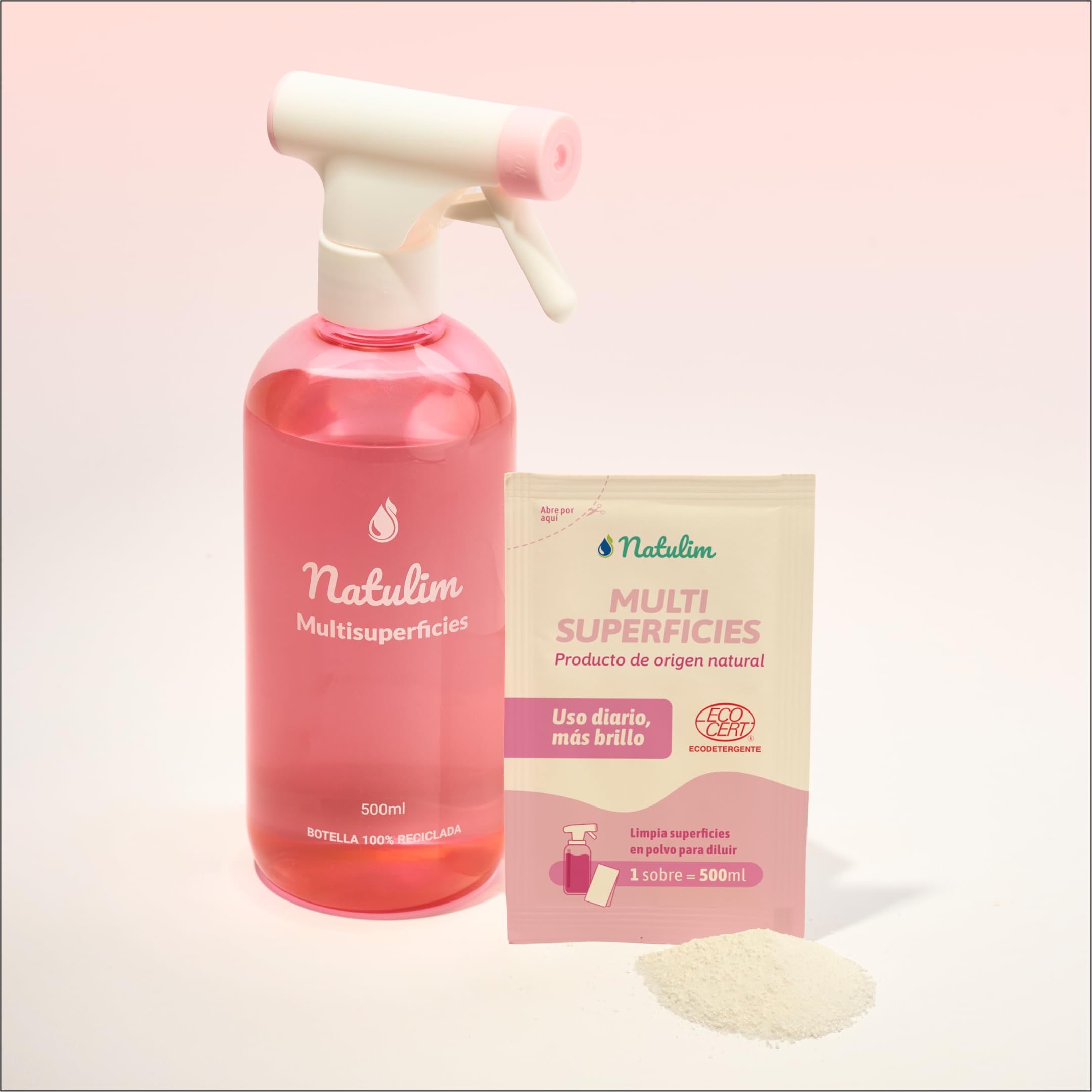 Natulim Pack Limpiador Multisuperficies - Superficies Impecables sin Esfuerzo - Apto para Todo Tipo de Superficies - Set Pulverizador Recargable 500 ml + 2 Sobres de Recarga (1 Sobre = 500 ml).