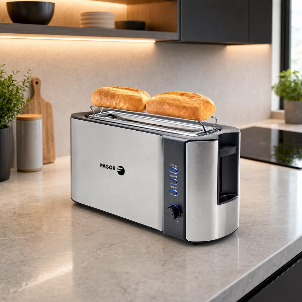 Opiekacz do chleba o szerokości 1000 W na 2 duże grzanki, opiekacz do chleba ze stali nierdzewnej, 6 poziomów opiekania, funkcja rozmrażania, taca na okruchy, FAGOR BigToast Steel