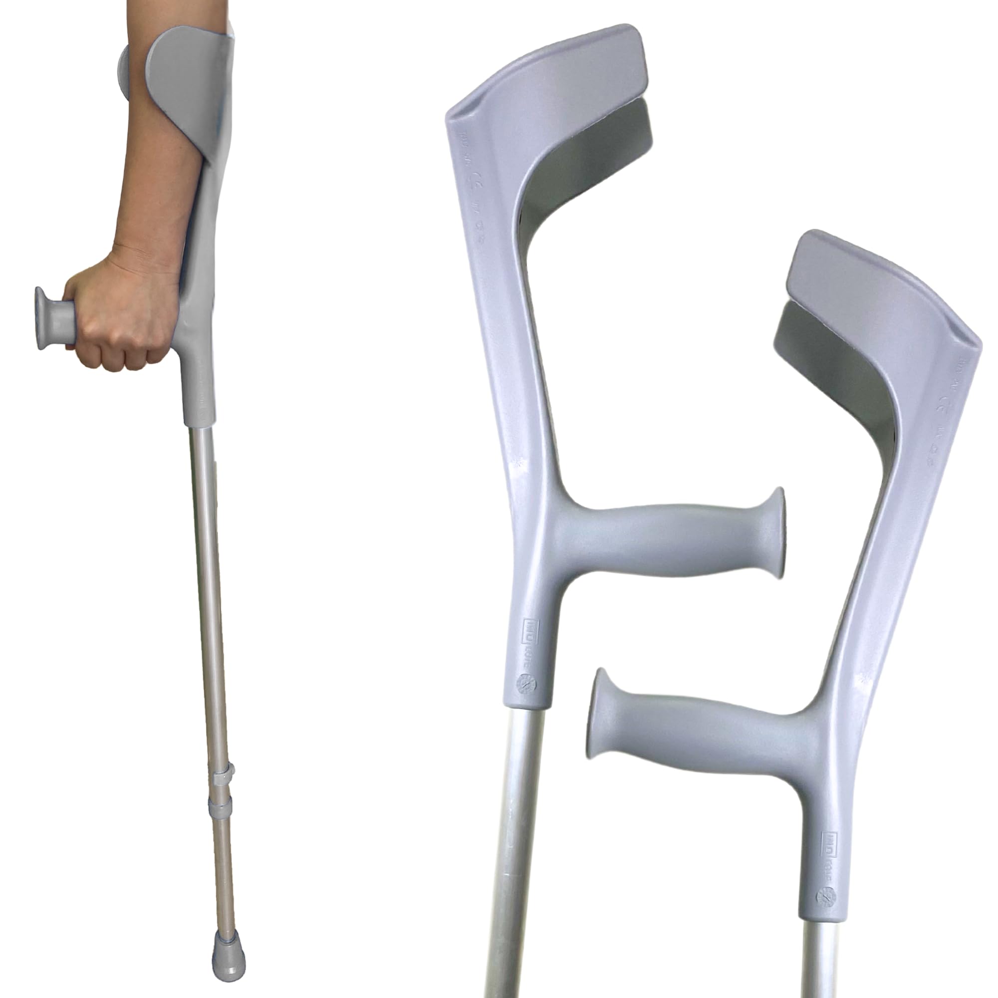 Coppia di stampelle ortopedici regolabili in altezza. Stampelle in alluminio per adulti. Stampelle ortopedici con rivestimento antiscivolo. Grigio