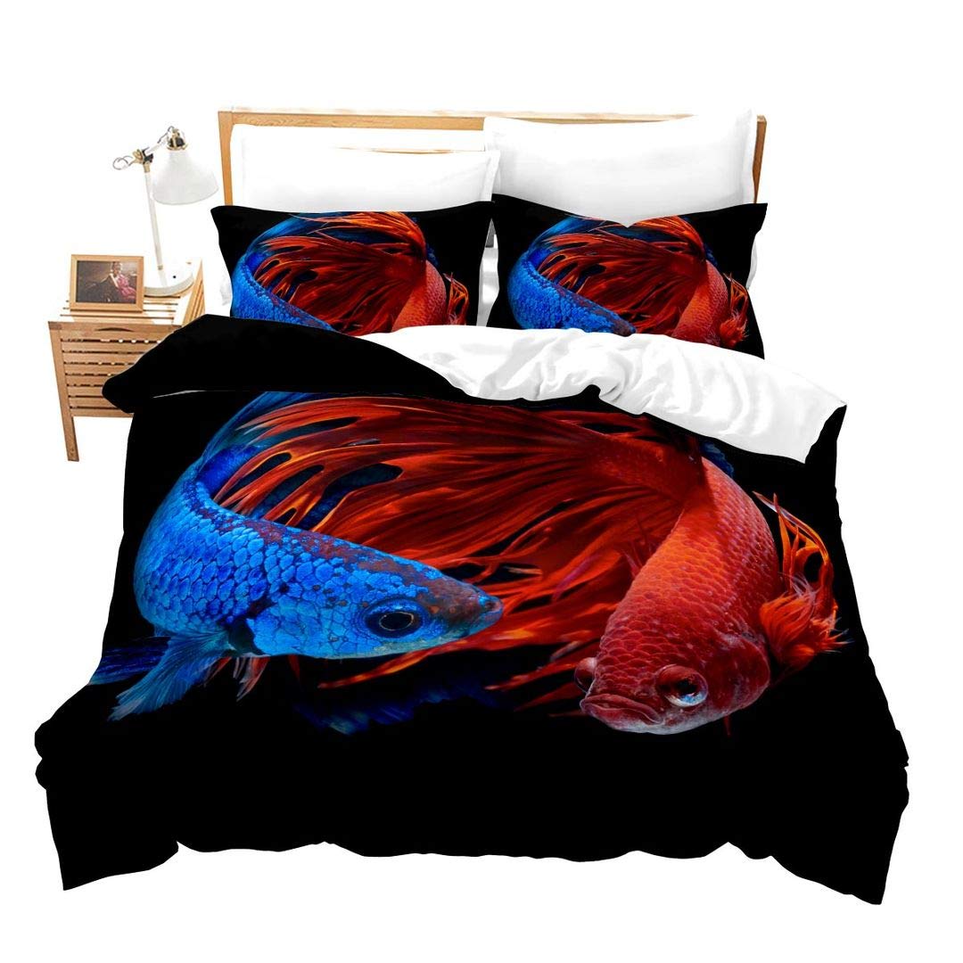 Erosebridal Betta Fish Duvet Cover Full Size Siamese Fighting Blue and Red Betta Fish Swimming Printed on Black Comforter Cover 3pc Bedding Set (1 Duvet Cover and 2 Pillow Shams)