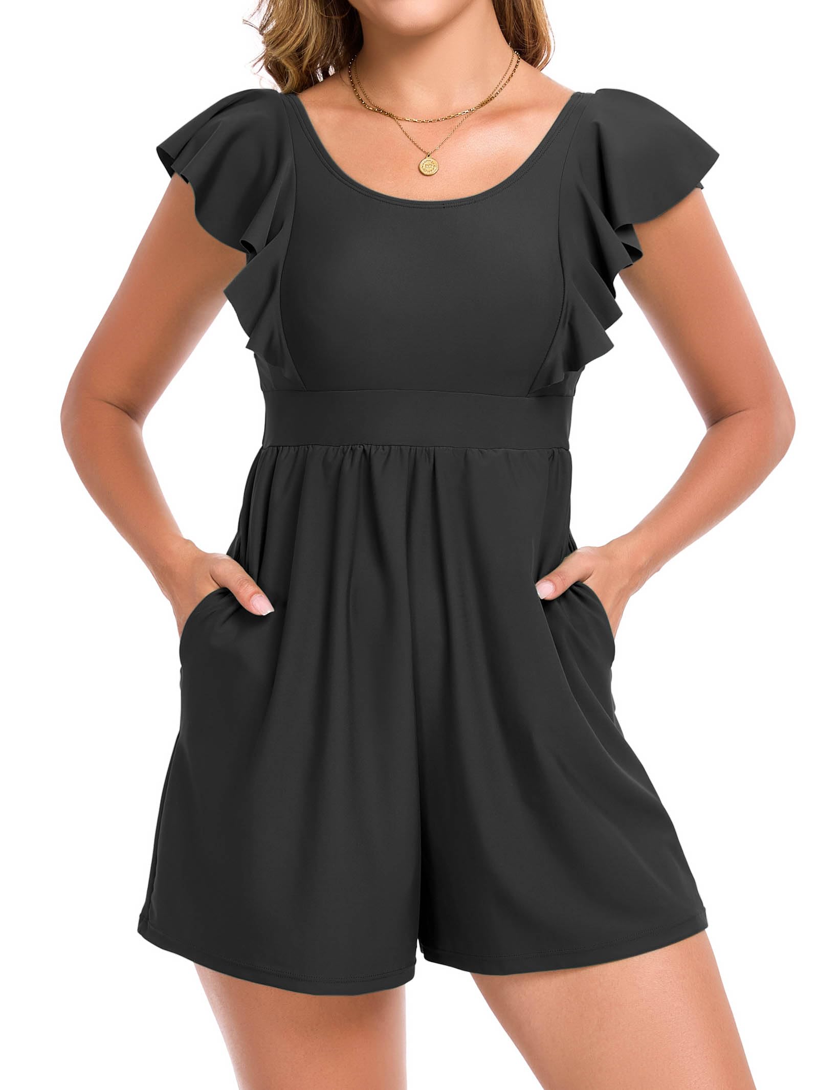 Smismivo Swim Romper One Piece Swimsuit with Built in Bra and Pockets Modest Bathing Suit with Short Full