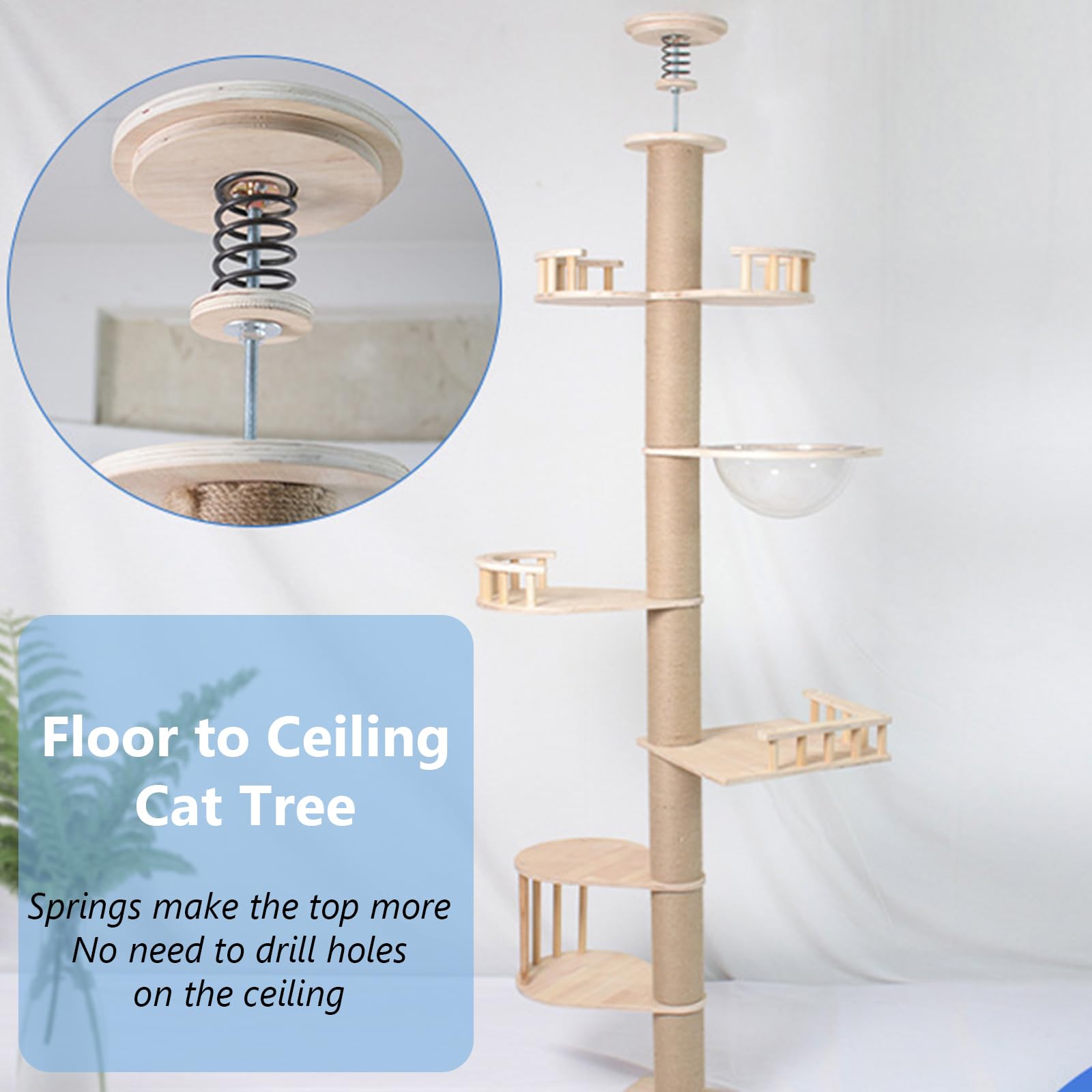 Tiragraffi per Gatto A Soffitto, Albero per Gatti Multilivello in Legno con Tiragraffi in Sisal, Amaca E Altezza Regolabile, 40X40x230-245Cm Albero Tiragraffi per Gatti su 6 Livelli