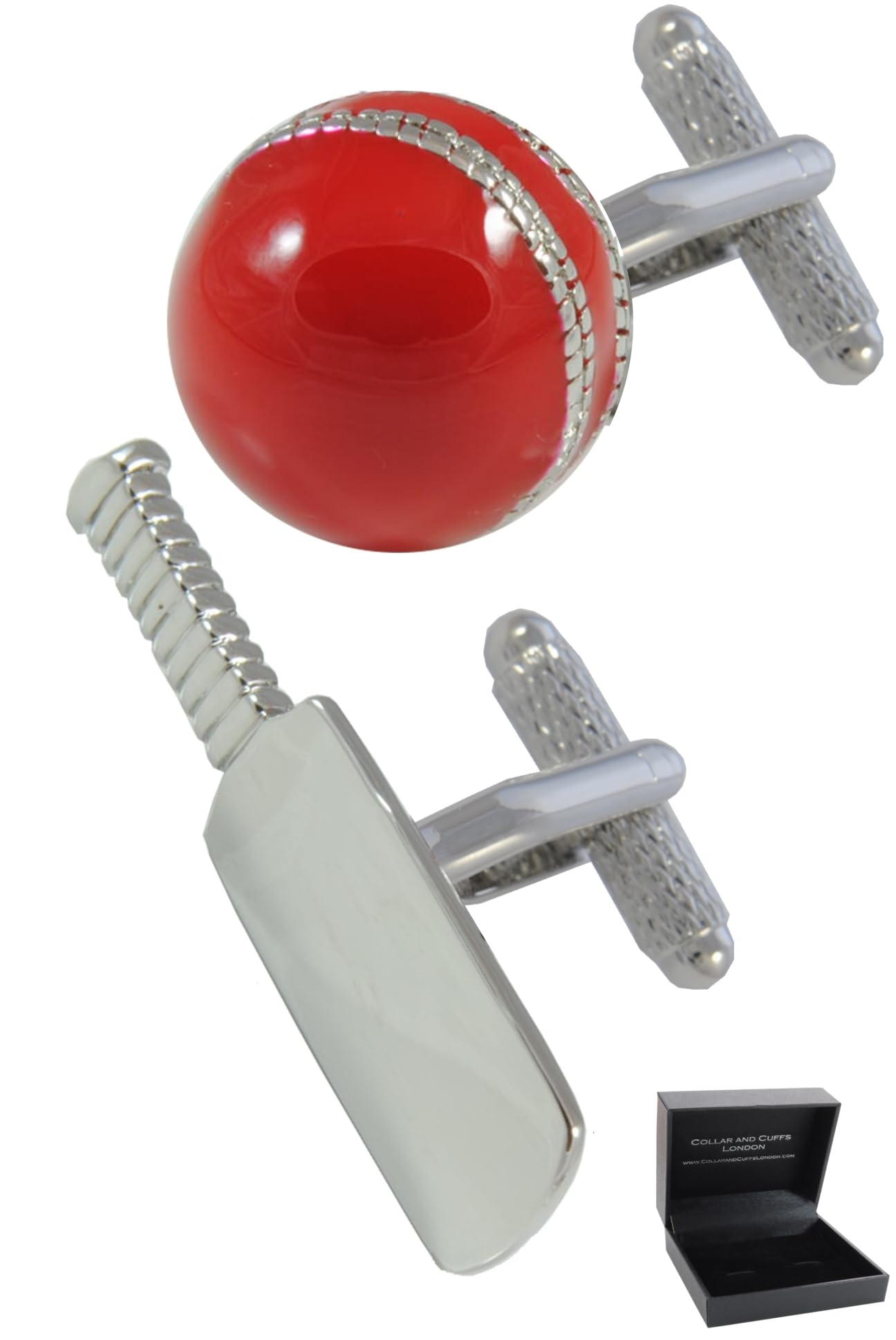 Boutons de Manchette Avec Boîte - Cricket - Batte de Cricket et Une Balle | Pour Homme - Laiton - Couleur Argent et Rouge - Capitaine Arbitre - Une Paire