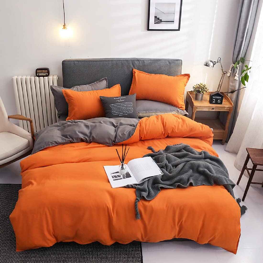 Gezu Sets de Housse de Couette 240x260 Orange Gris Unie Réversible Parure de Lit 2 Personnes Microfibre Enfant Adulte avec 2 Taie d'oreiller 65x65cm avec Fermeture Éclair