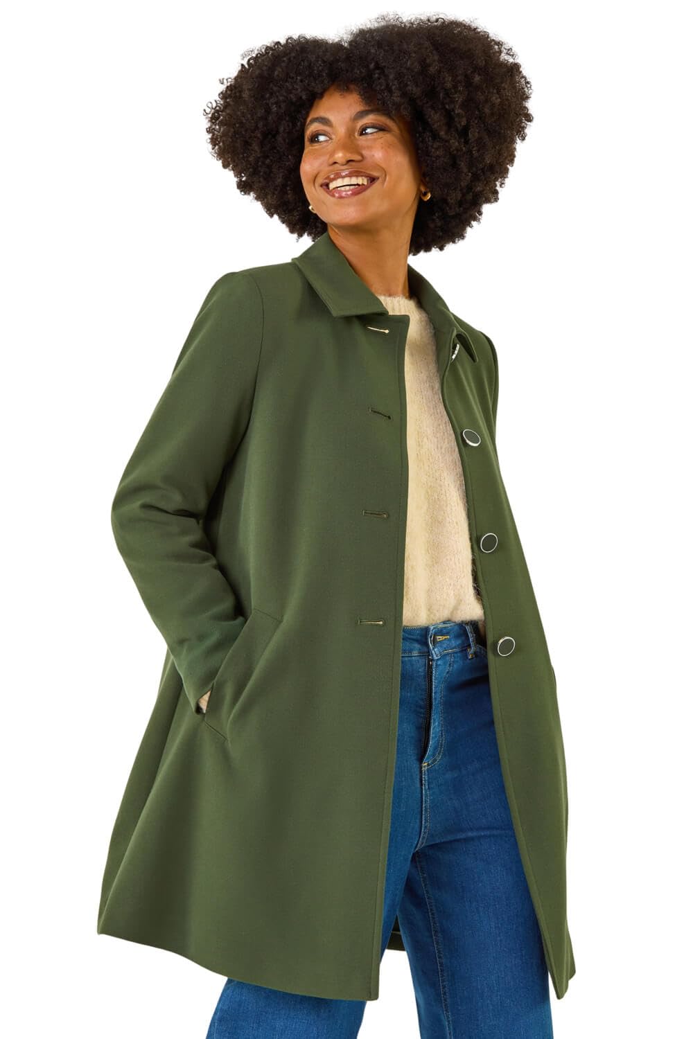 Roman Women's Buttoned Swing Coat in Khaki | Size: 18
