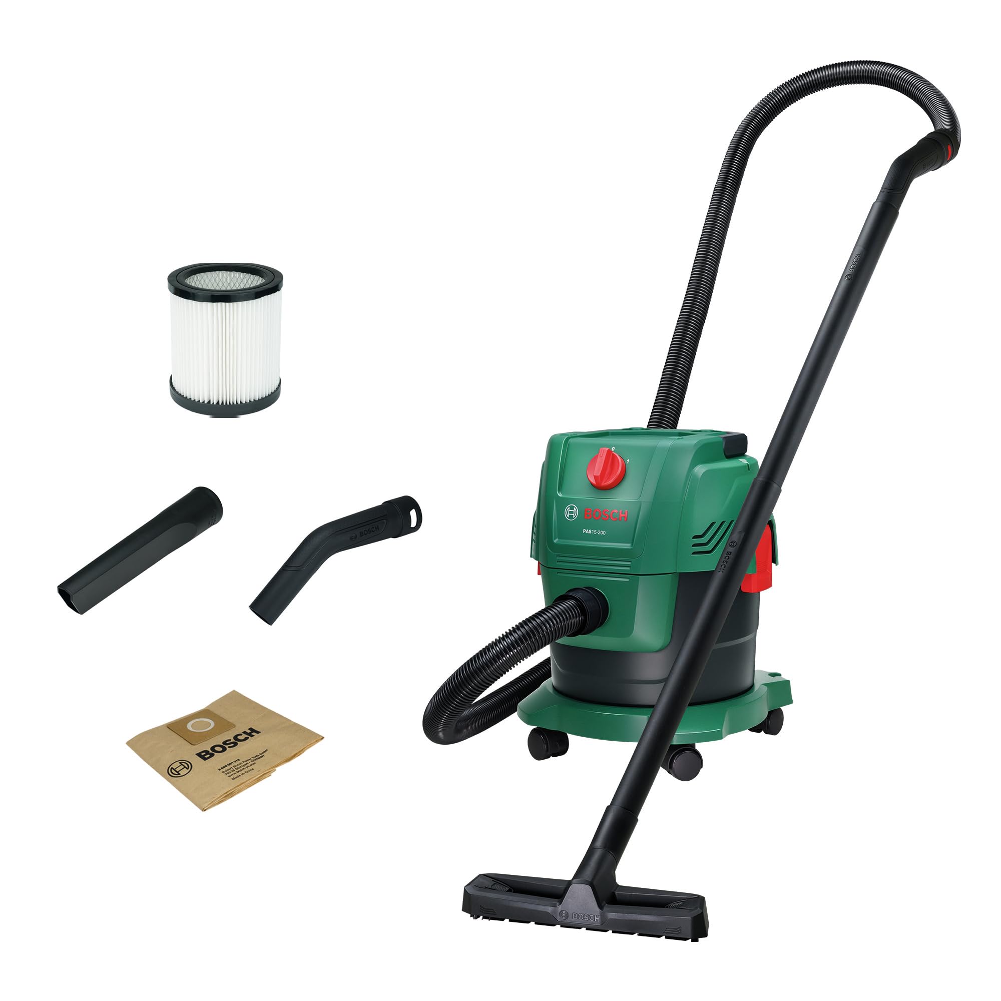 Bosch Aspirapolvere a filo PAS15-200 (Tubi di prolunga (plastica), tubo di aspirazione 2,2 m, tubo a gomito/impugnatura, bocchette per pavimenti e fessure,filtro a cartuccia)