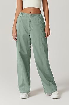 QINSEN Cargo Pants for Women Front Zip Wide Leg Long Casual Pants