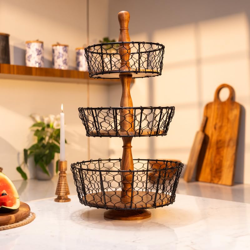 Image of Ireka Home Farmhouse Multipurpose Storage Basket | Acacia Wood with Iron Handles | Three-Tier Organizer for Living Room, Kitchen, Fruits and Vegetables