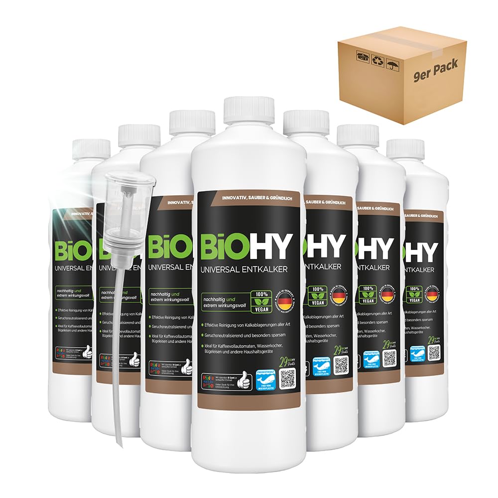 BiOHY Descalcificador universal (9 botellas de 1 litro) + Dosificador | Universeel concentraat voor alle huishoudelijke apparaten | Compatibel met alle koffiemachines en espressomachines (Entkalker)
