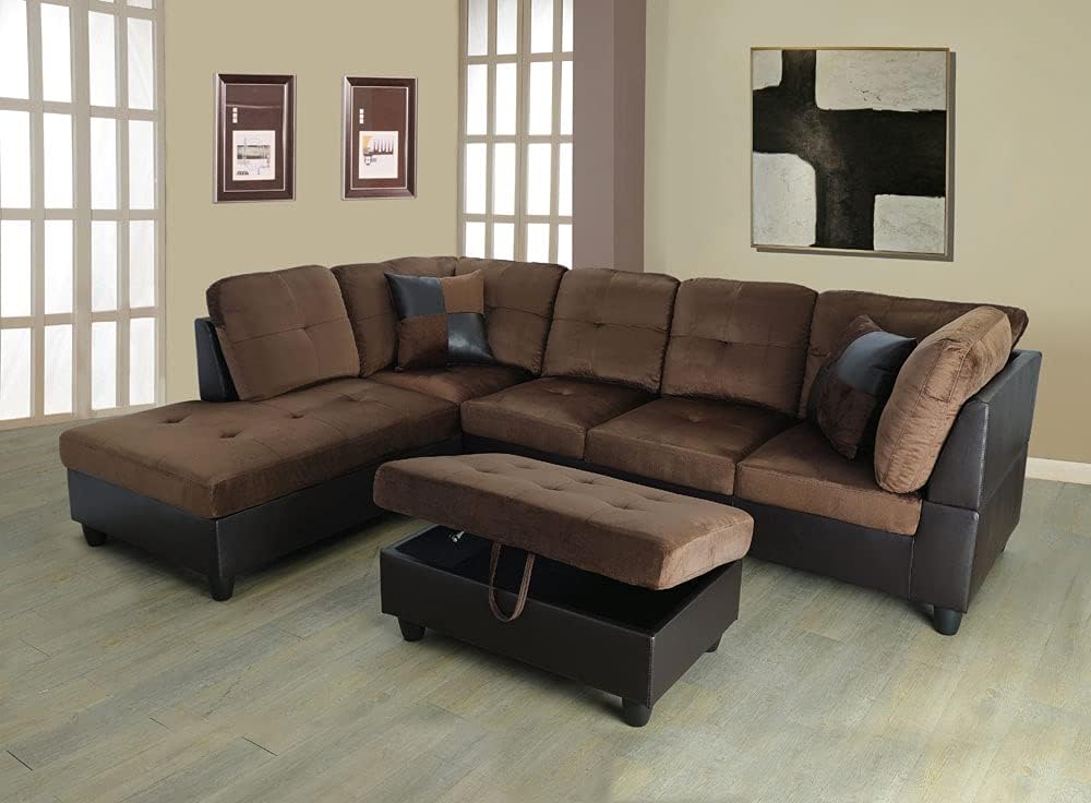 Lifestyle Furniture Left Facing 3PC Sectional Sofa Set, L Shape Couch with Storage Ottoman, Microfiber&Faux Leather,Chocolate : Home & Kitchen