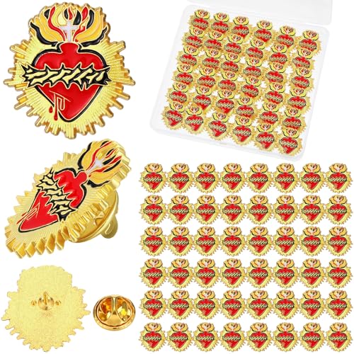 Image of Juexica 50 Pcs Religious Sacred Heart of Jesus Pins Bulk Christian Favors Cross Enamel Lapel Brooch Red Heart Pins for Clergy Appreciation Gift Church Funeral Sunday School