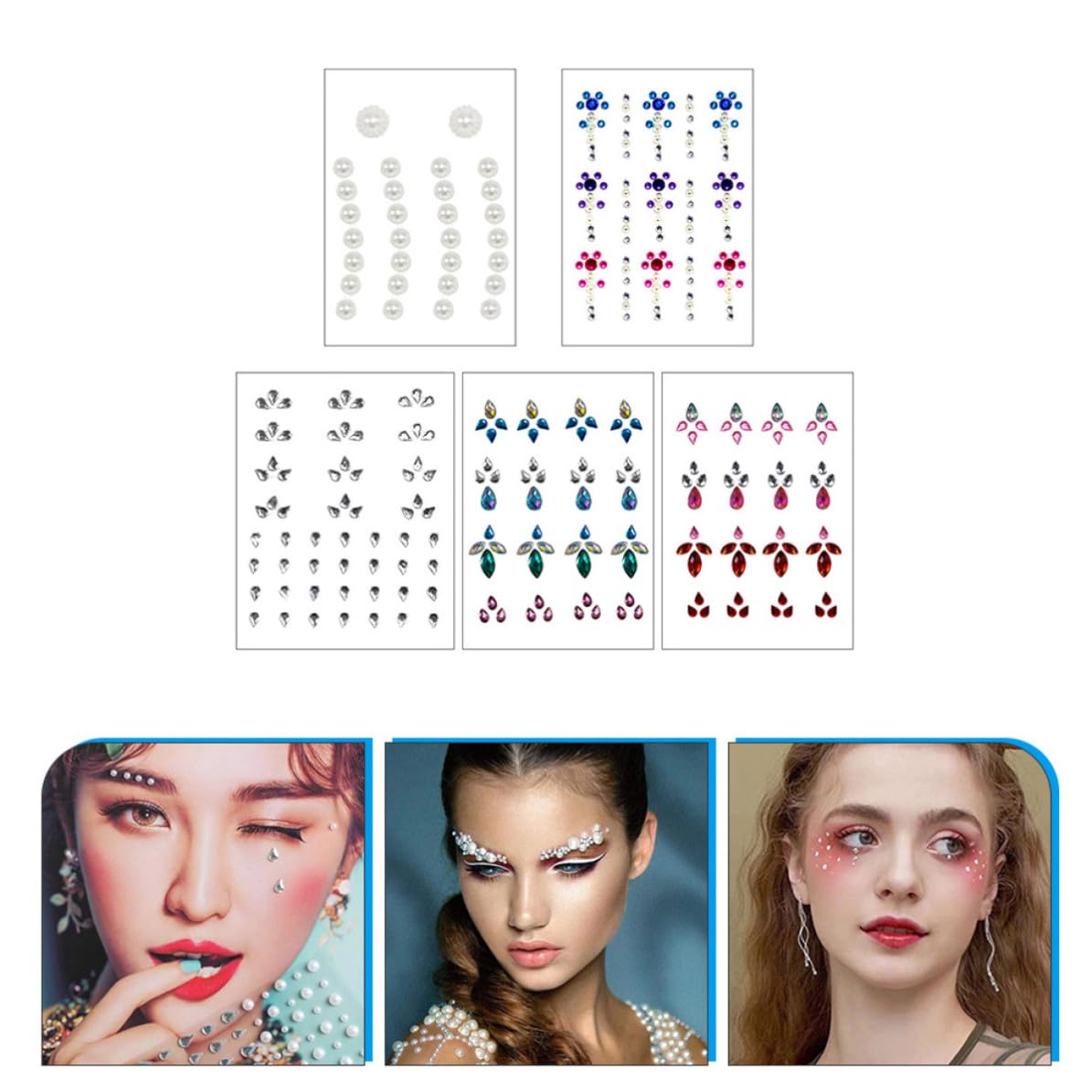 COHEALI 5 Sets Removable Acrylic Face Gems Stickers for Nails and Face, No Residue Rhinestone Gem Decals with Variety of Styles, for Dress-up and Masquerade Events